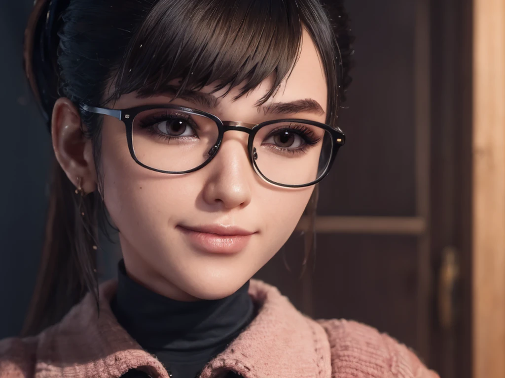 Masterpiece, portrait face, eve, stellar blade, fringe hair , ponytail hair,  black turtleneck shirt,  oiled skin , wet hair, posing , (light brown eyes), (medium closed smile), ((blushing cheeks)), woman looking camera, Woman with rectangular magnifying glasses with red frames, pink eyelid makeup