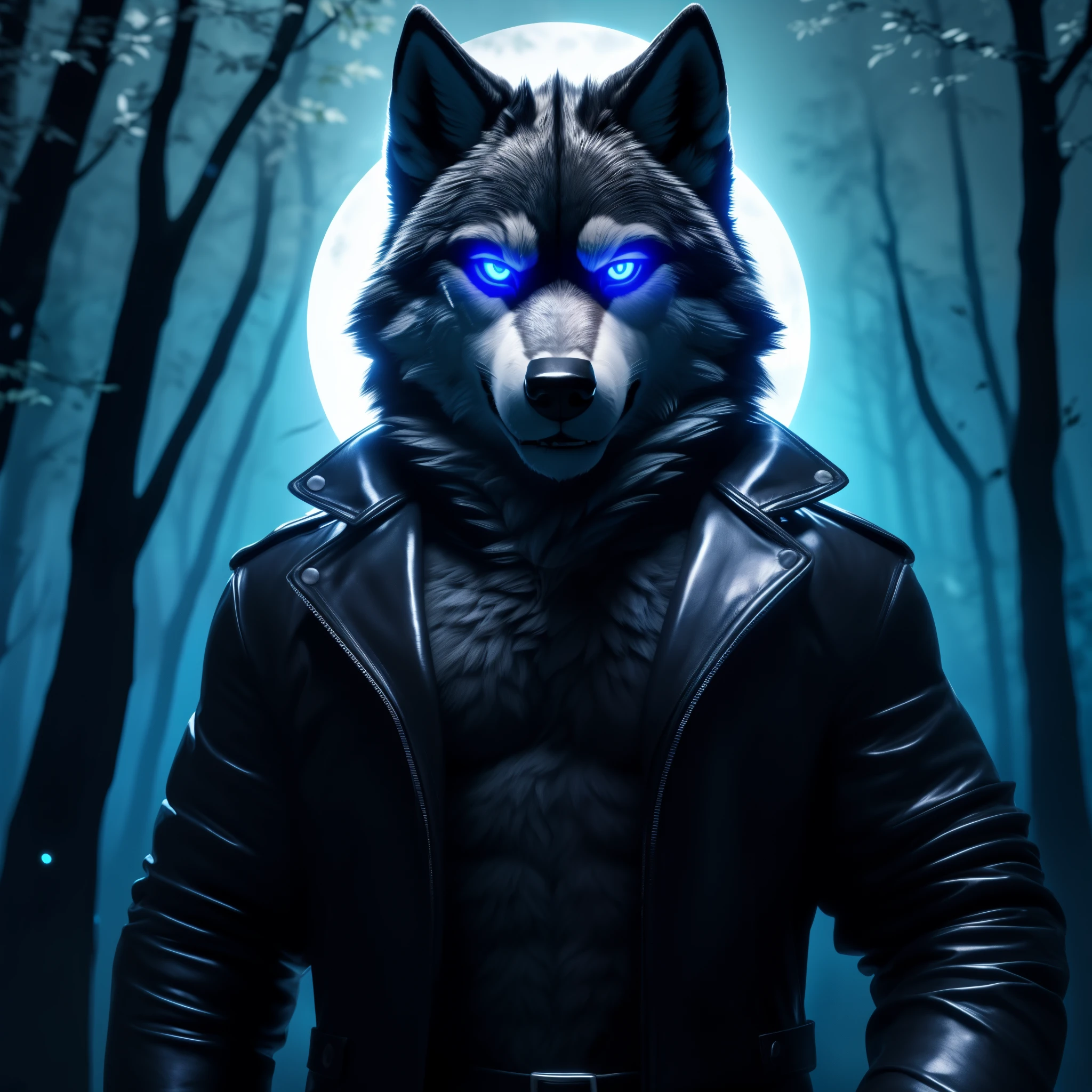 Posing, Male, 30 years old, biting lip smile, black leather jacket, bedroom eyes, anthro, wolf ears, (blakck fur:1.5), wolf, forest background at night, 8k, hi res, (best quality, masterpiece), blue glowing eyes, (wolf tail:1.5), detailed fur