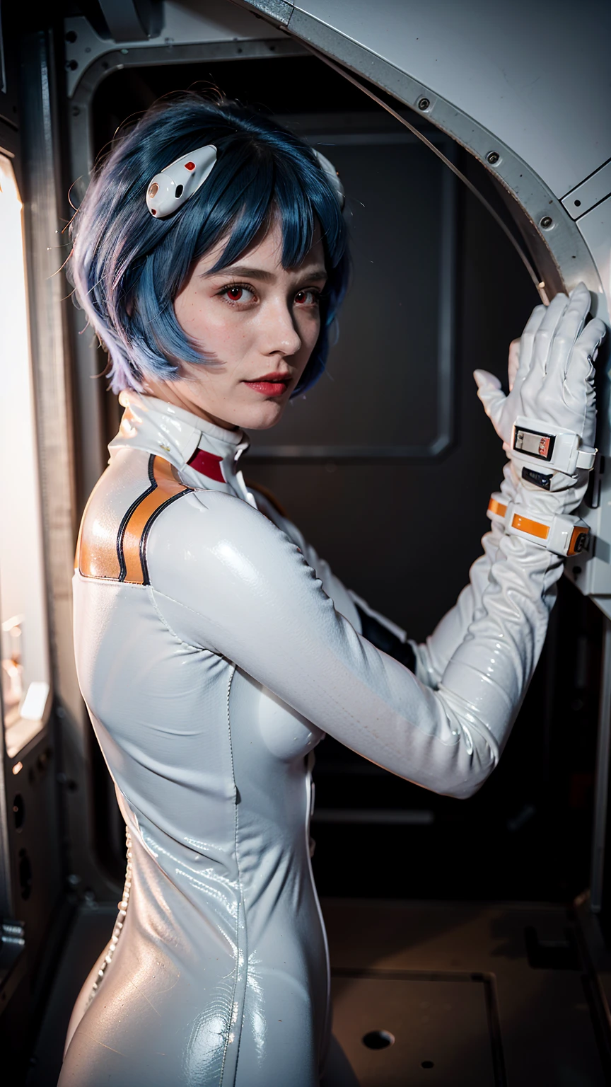 (masterpiece), (best quality), (red eyes), (epiCRealLife), (red lipstick), (j4nu4ryj0n3s) (young woman), (European Model), (Plugsuit), (ayanami_rei plugsuit), interface headset, white bodysuit),(white gloves) (red eyes), (blue hair), (medium breasts),(flash photography), (natural lights), (ample lights),( light smile), (pose for picture), (white gloves), (light smile), (in a spaceship room), (from side), (lying on the bed), (space station interior)