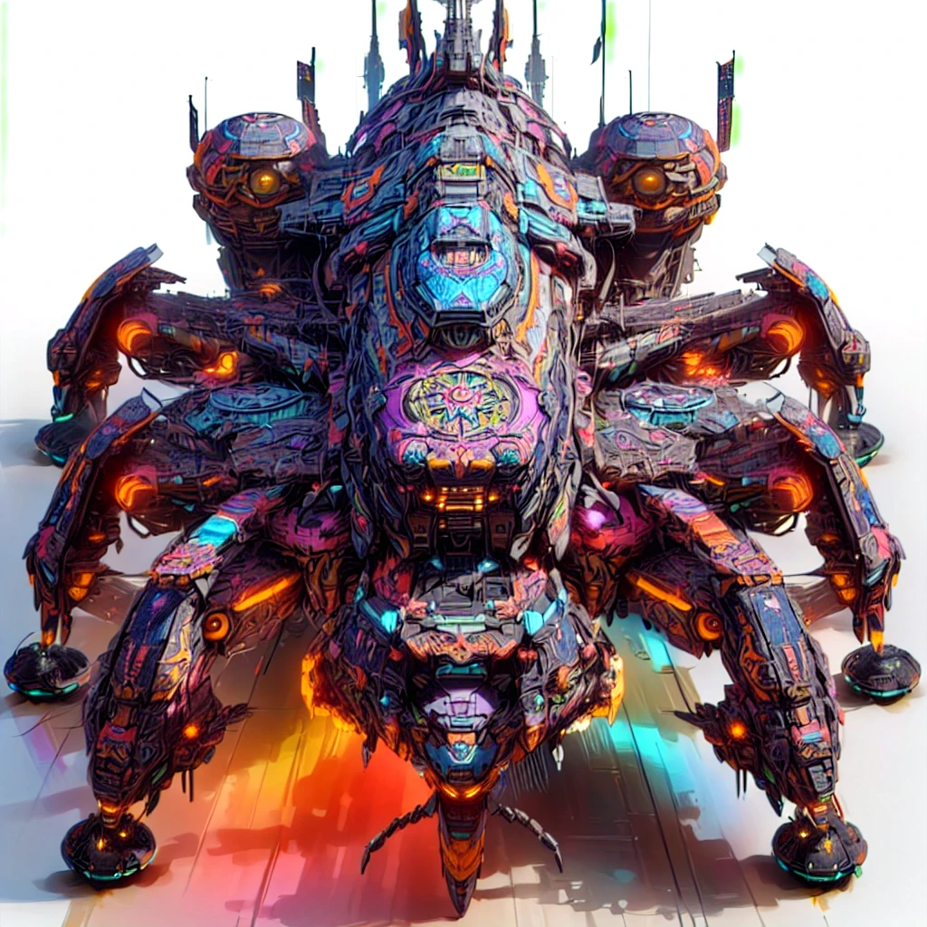 there is a large multicolored spider with many legs, sci-fi highly detailed, intricate artwork. octane render, giant aztec spaceship, colorful sci-fi steampunk, solarpunk space ship, detailed spaceship, big weird spaceship, dread scary spaceship, thomas veyrat intricate, greg beeple, colorful redshift render, painting of ornate space ship