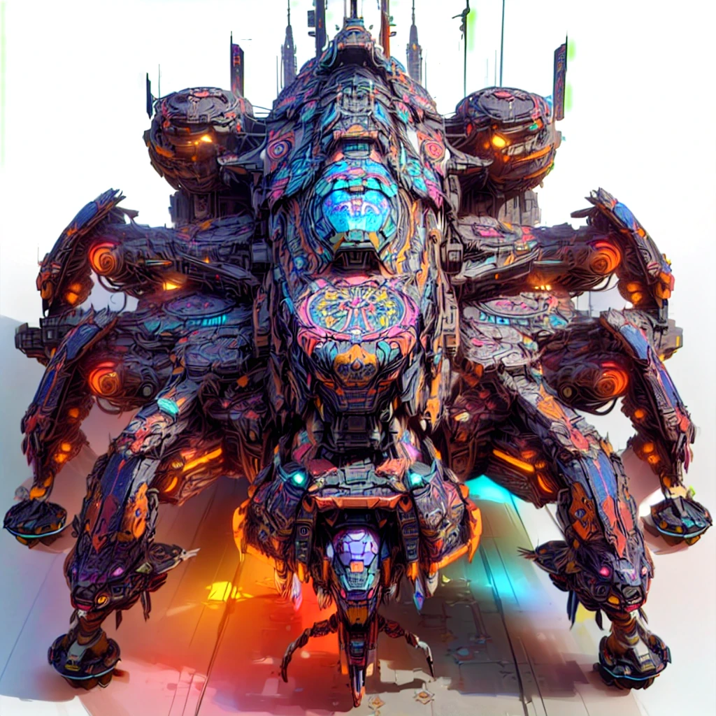 there is a large multicolored spider with many legs, sci-fi highly detailed, intricate artwork. octane render, giant aztec spaceship, colorful sci-fi steampunk, solarpunk space ship, detailed spaceship, big weird spaceship, dread scary spaceship, thomas veyrat intricate, greg beeple, colorful redshift render, painting of ornate space ship
