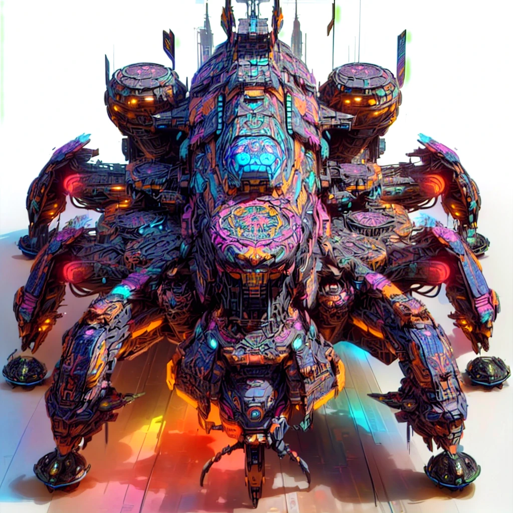 there is a large multicolored spider with many legs, sci-fi highly detailed, intricate artwork. octane render, giant aztec spaceship, colorful sci-fi steampunk, solarpunk space ship, detailed spaceship, big weird spaceship, dread scary spaceship, thomas veyrat intricate, greg beeple, colorful redshift render, painting of ornate space ship