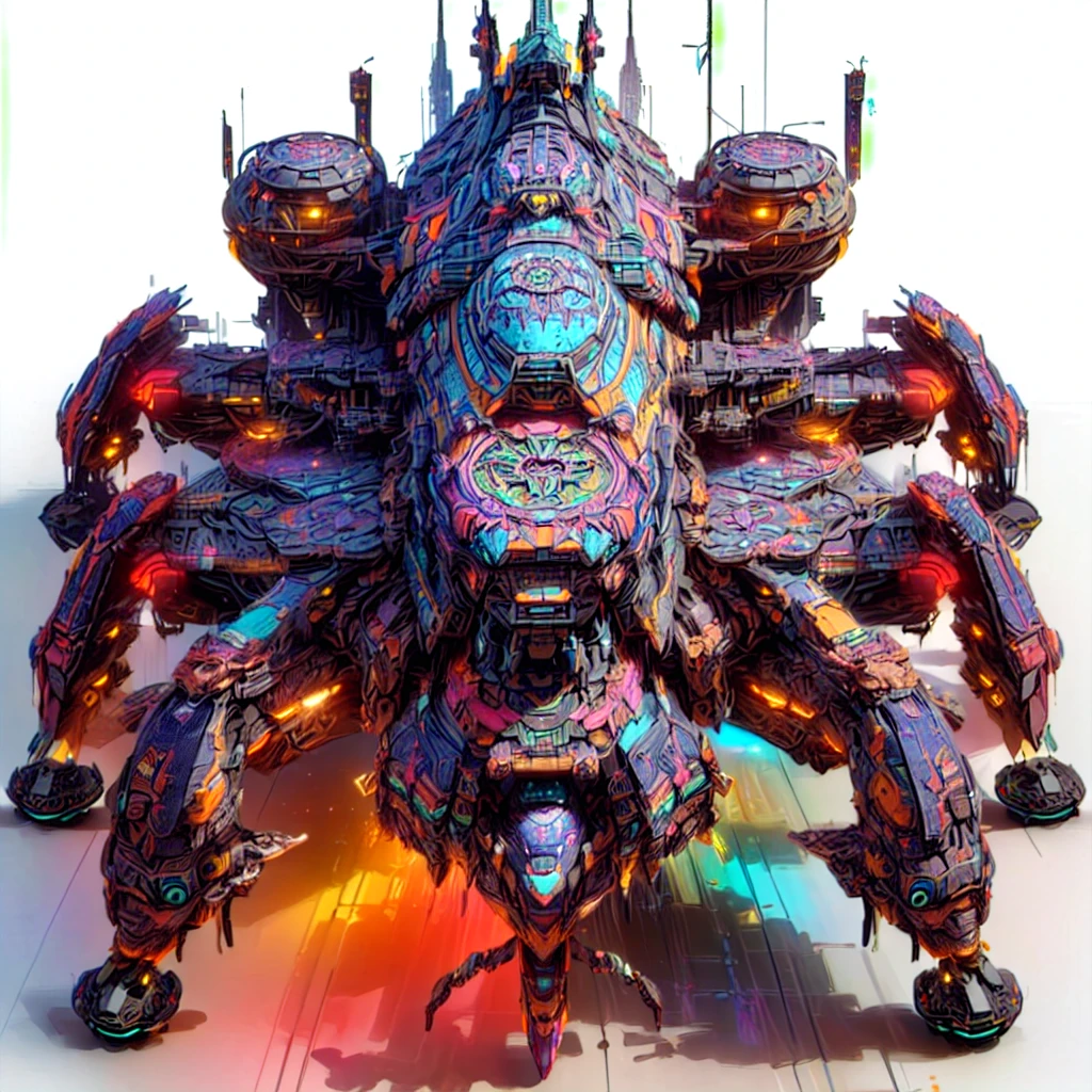 there is a large multicolored spider with many legs, sci-fi highly detailed, intricate artwork. octane render, giant aztec spaceship, colorful sci-fi steampunk, solarpunk space ship, detailed spaceship, big weird spaceship, dread scary spaceship, thomas veyrat intricate, greg beeple, colorful redshift render, painting of ornate space ship