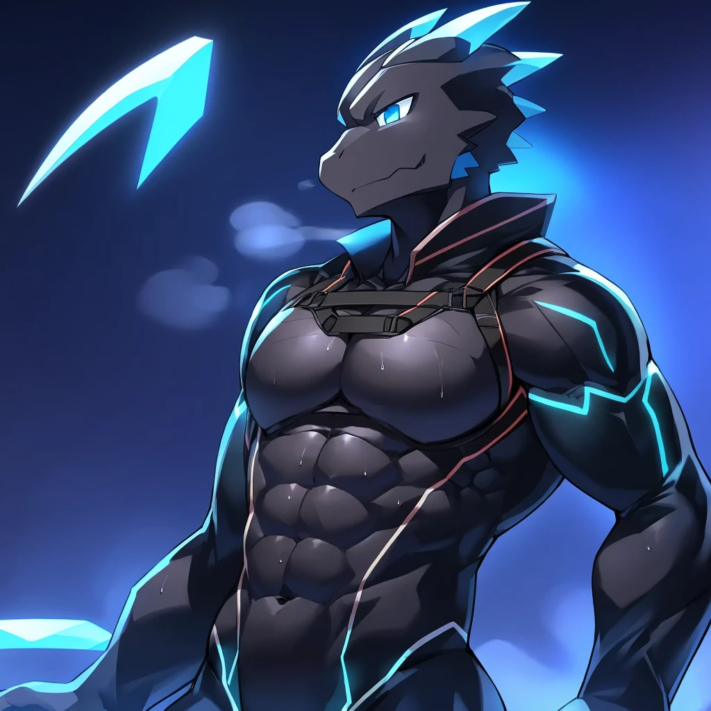 Thin macho western black dragon abs Hollow abs body suit thick arms chest rig 、sweaty skin glow profile Wearily short of breath Chemo shota Thick chest have a blue eyes Tired look Glowing abs Deep abdominals jacket profile one person