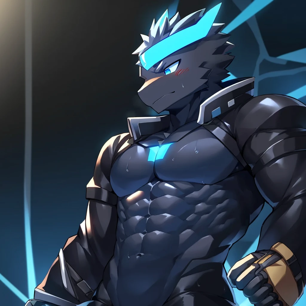 Thin macho　western black dragon　　abs　　　　　Hollow abs　　body suit　　thick arms　　　chest rig　　　、sweaty　　　skin glow　　profile　　Wearily　short of breath　　  　Chemo shota　　Thick chest have a 　blue eyes　Tired look　Glowing abs　Deep abdominals jacket　profile　one person