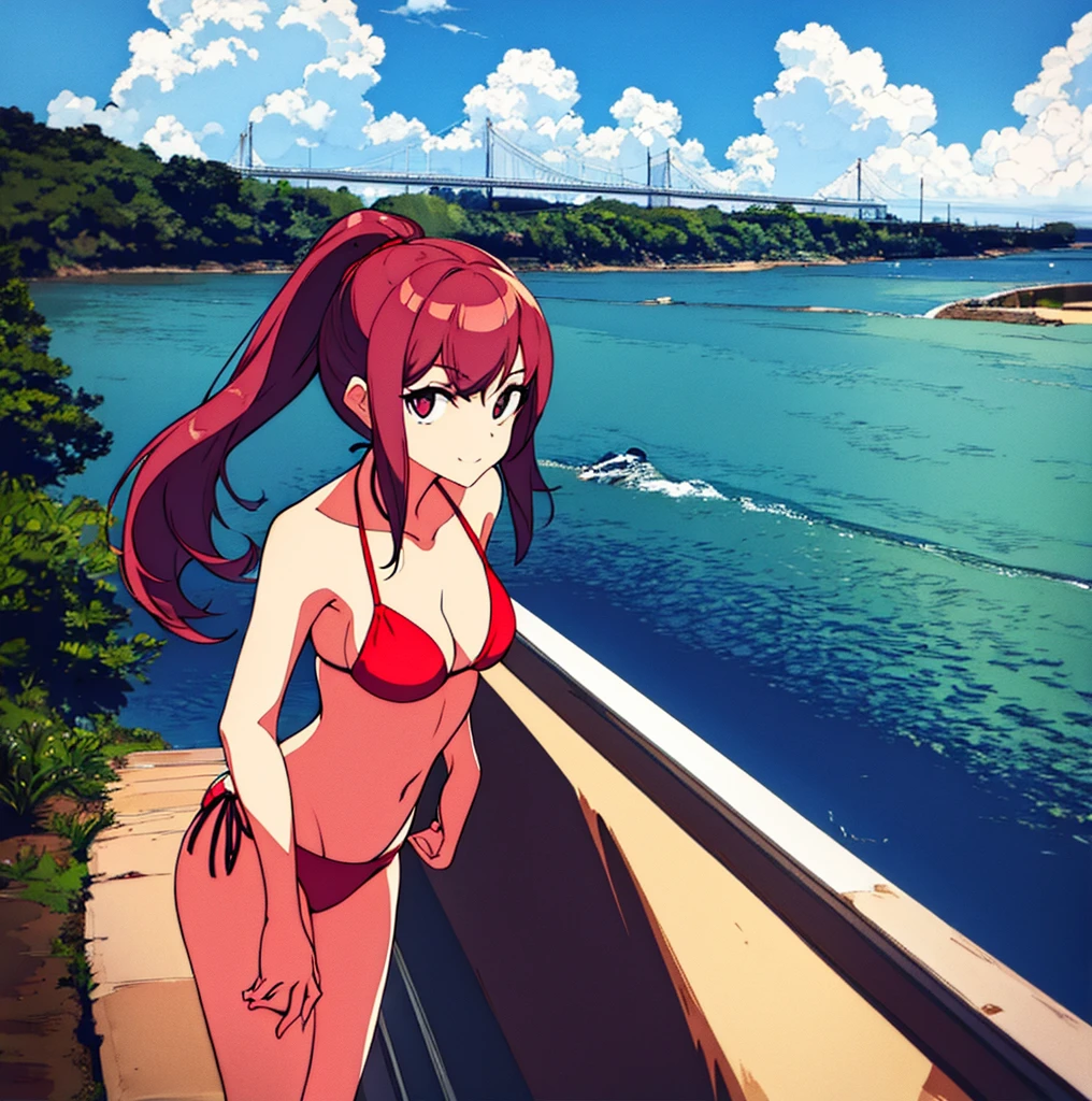 a bikini woman standing on the side of a bridge