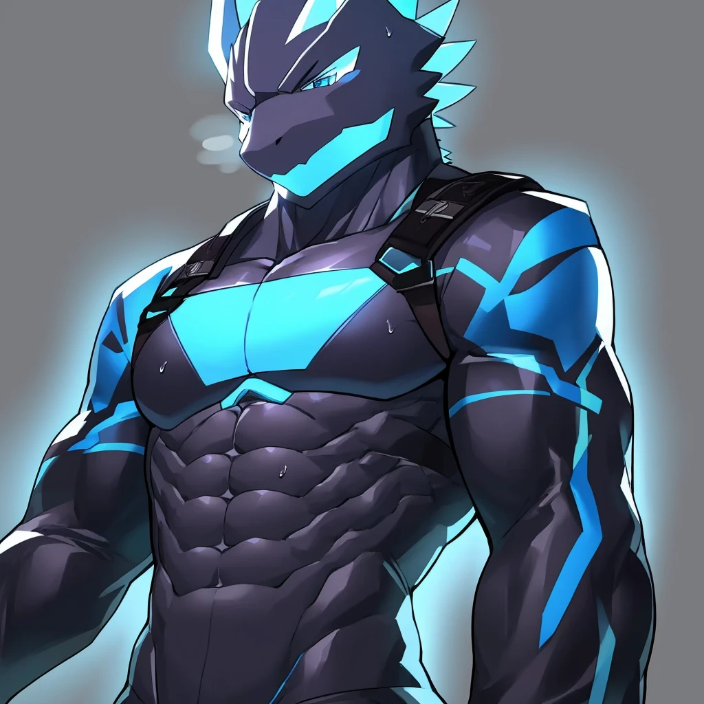 Thin macho western black dragon abs Hollow abs body suit thick arms chest rig 、sweaty skin glow profile Wearily short of breath Chemo shota Thick chest have a blue eyes Tired look Glowing abs Deep abdominals jacket profile one person