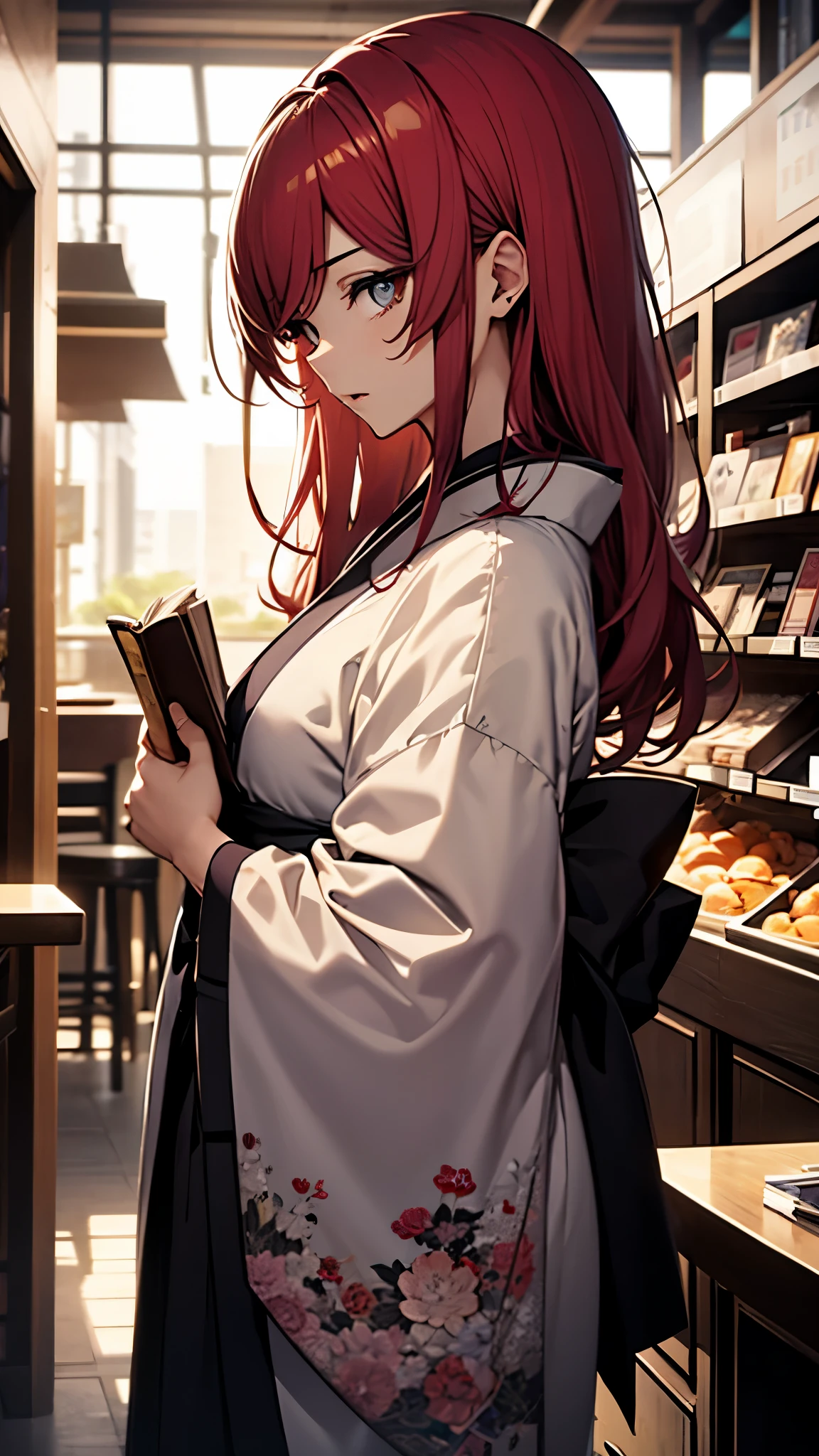 (1girl:1.3), Masterpiece, Best quality, amazing beauty, [[3D]], 4K, absurdres, finely detail, super detailed eye, perfect anatomy, official art, cinematic lighting, BREAK, cafe, silky long hair, red hair, super shiny detailed black eye, big eyes, cute eyes, thin eyebrow, （retreating figure）, close-mouth, thin lips, BREAK , usually, tall, medium, fair skin, detailed skin, Are standing, profile, from front, Bright Lighting, BREAK , (kimono:1.2), prostitute, She's sitting in a chair reading a book.