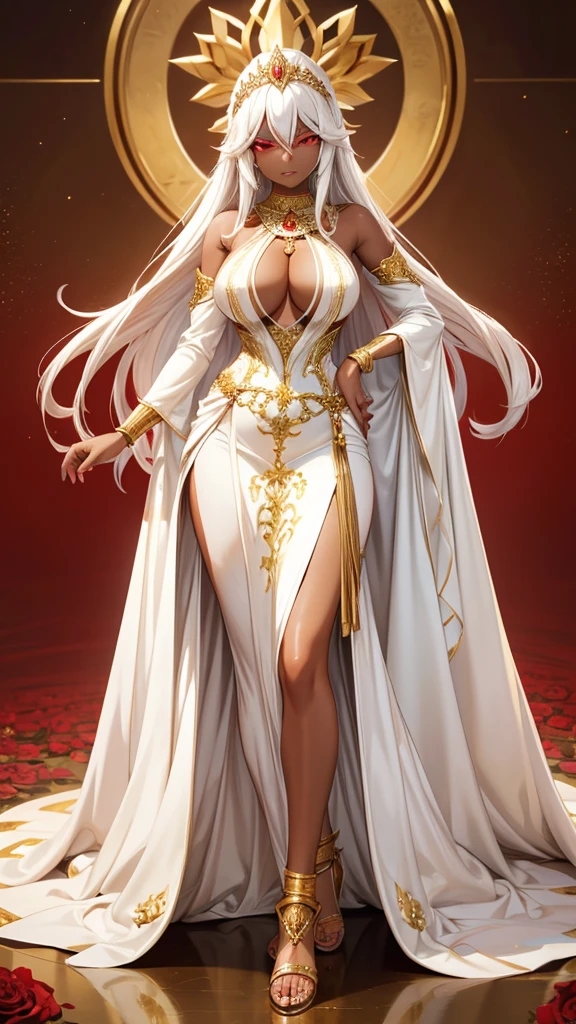Beautiful woman with long white hair, dark skin and red eyes in white evening dress,gold tiara,Gold ornaments,gold necklace,cleavage,Bare Legs,sandals,((best quality)), ((masterpiece)), (detailed:1.4), Anime style,White Rose,desert,river