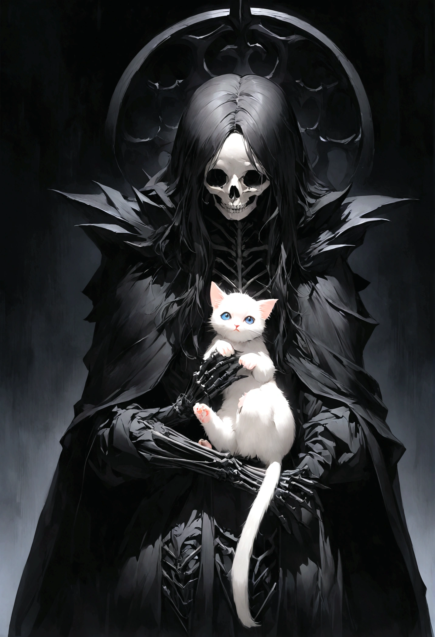 Create the most realistic death in a black robe skeleton body in pitch black darkness grimreaper, holding in one hand the cutest little white kitten you can create,