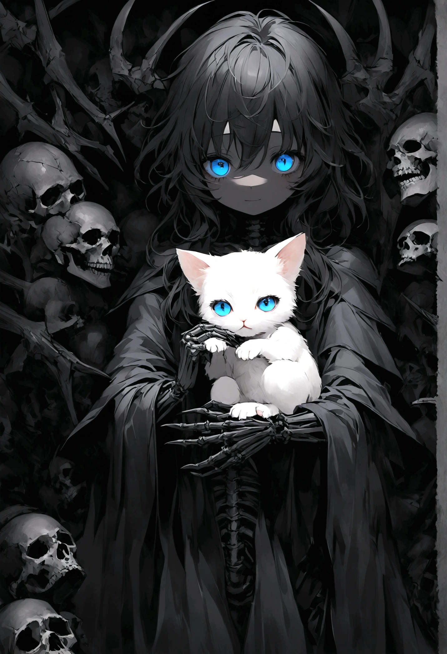 Create the most realistic death in a black robe skeleton body in pitch black darkness grimreaper, holding in one hand the cutest little white kitten you can create,