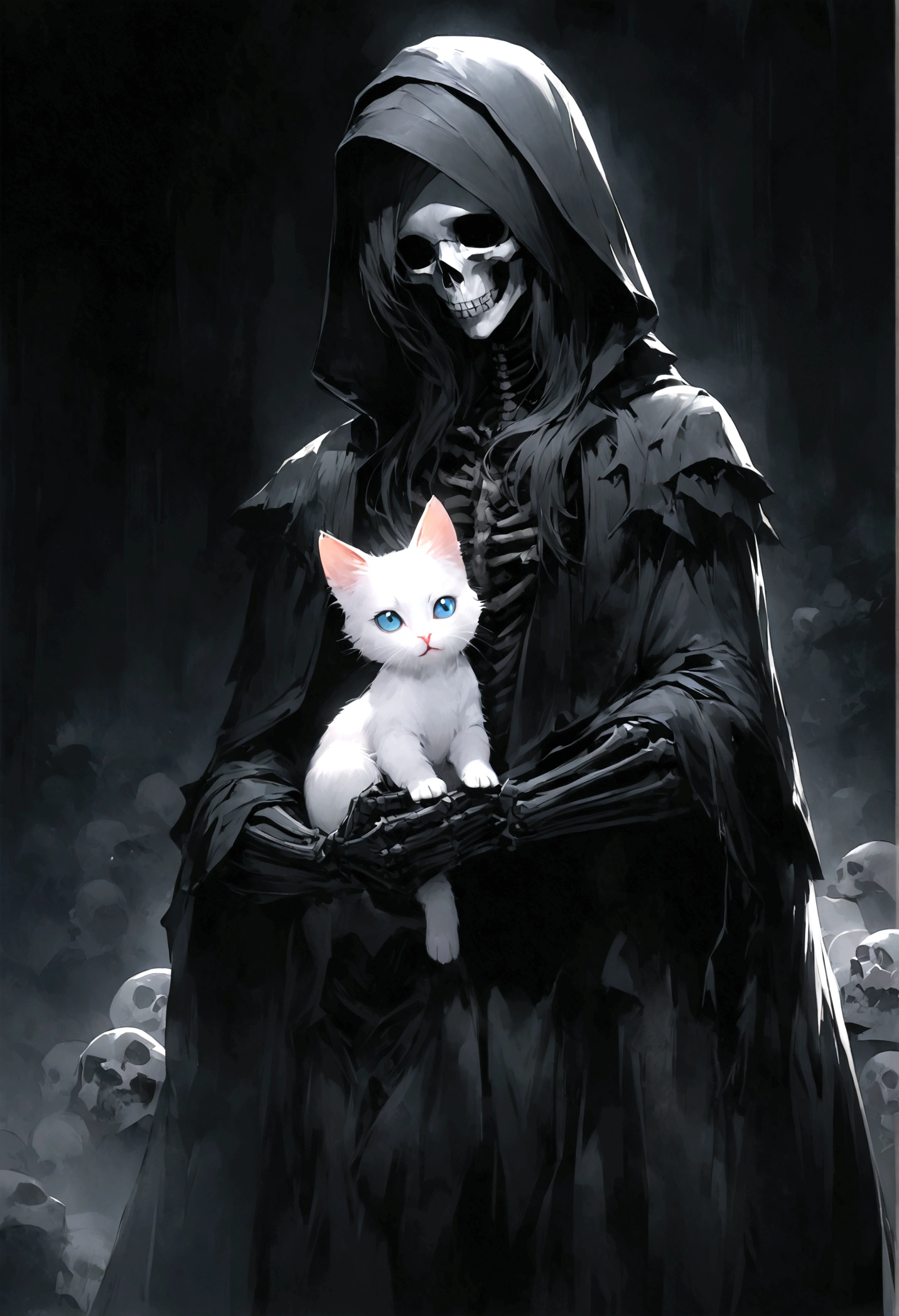 Create the most realistic death in a black robe skeleton body in pitch black darkness grimreaper, holding in one hand the cutest little white kitten you can create,