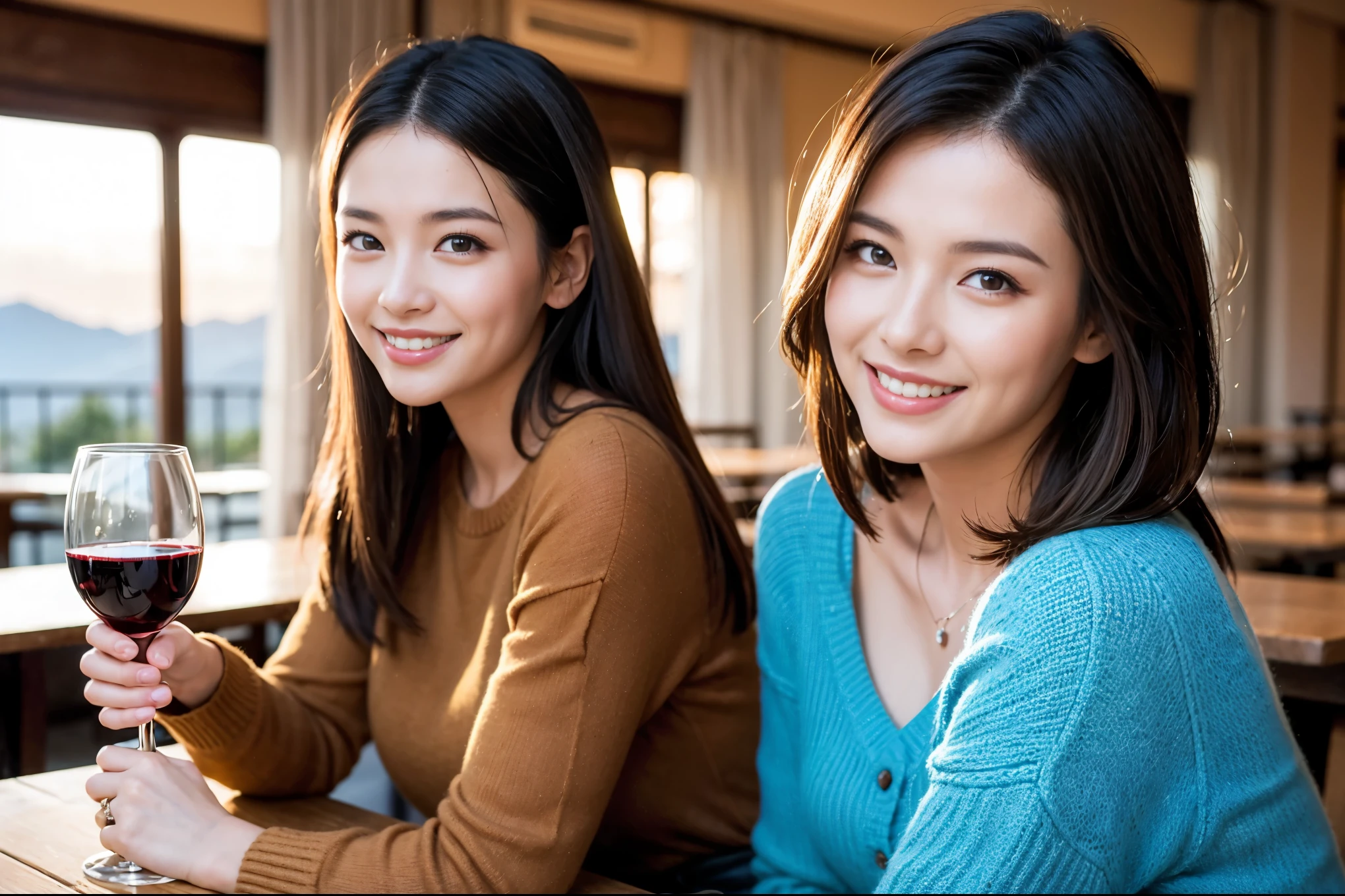 ((highest quality、8k、masterpiece:1.3))、1 male、1 female、Couple、spouse、Couple、The body is slim、((Bob Hale、Straight hair:1.2)), (Realistic, Intricate details:1.2), テーブルの上のwine glass、Put the light on your face、 Amazing view of the sunset sky and clouds、Amazing mountain views、A bright smile、The wonderfulness of smile、Bright image、The beauty of wine, Beautiful Face, blue eyes, The light shines on your face, Blushing, short hair,Bright Face、 (Age 37), 39 years old, red wine 、Appetizers、Italian food、Wine bottle、Champagne、sparkling wine、Two beauties、Brown Hair、Shortcuts、Long sleeve shirt、dress、Pretty Woman 1, (slimな顔), (The body is slim), (Brown Hair), (Shortcuts), cheeks turn a little red,Attractive beauty、restaurant, In a prominent place (From the waist up) Nova Frog Style, actress, model, Upper Body, White wine, slim, wine glass, 中央に置かれたwine glass, smile, (smile: 1.15), Beautiful fine grain, Depth f/2,saturation, High Contrast, Strong light and shadow,Moist Body:1.5、3D texture、Delicate eyes、Brown Hair、The hair is very shiny、