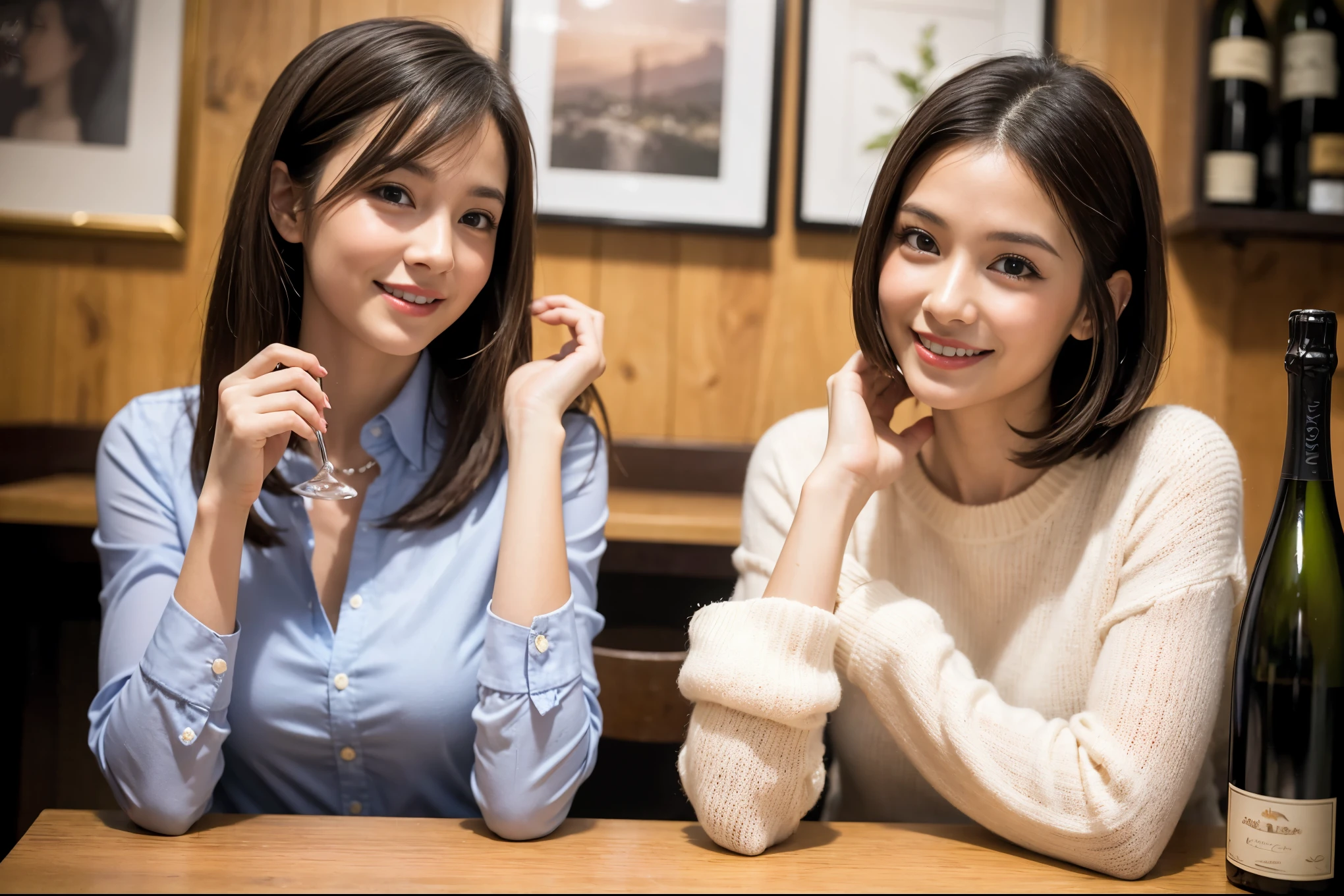 ((highest quality、8k、masterpiece:1.3))、1 male、1 female、Couple、spouse、Couple、The body is slim、((Bob Hale、Straight hair:1.2)), (Realistic, Intricate details:1.2), テーブルの上のwine glass、Put the light on your face、 Amazing view of the sunset sky and clouds、Amazing mountain views、A bright smile、The wonderfulness of smile、Bright image、The beauty of wine, Beautiful Face, blue eyes, The light shines on your face, Blushing, short hair,Bright Face、 (Age 37), 39 years old, red wine 、Appetizers、Italian food、Wine bottle、Champagne、sparkling wine、Two beauties、Brown Hair、Shortcuts、Long sleeve shirt、dress、Pretty Woman 1, (slimな顔), (The body is slim), (Brown Hair), (Shortcuts), cheeks turn a little red,Attractive beauty、restaurant, In a prominent place (From the waist up) Nova Frog Style, actress, model, Upper Body, White wine, slim, wine glass, 中央に置かれたwine glass, smile, (smile: 1.15), Beautiful fine grain, Depth f/2,saturation, High Contrast, Strong light and shadow,Moist Body:1.5、3D texture、Delicate eyes、Brown Hair、The hair is very shiny、