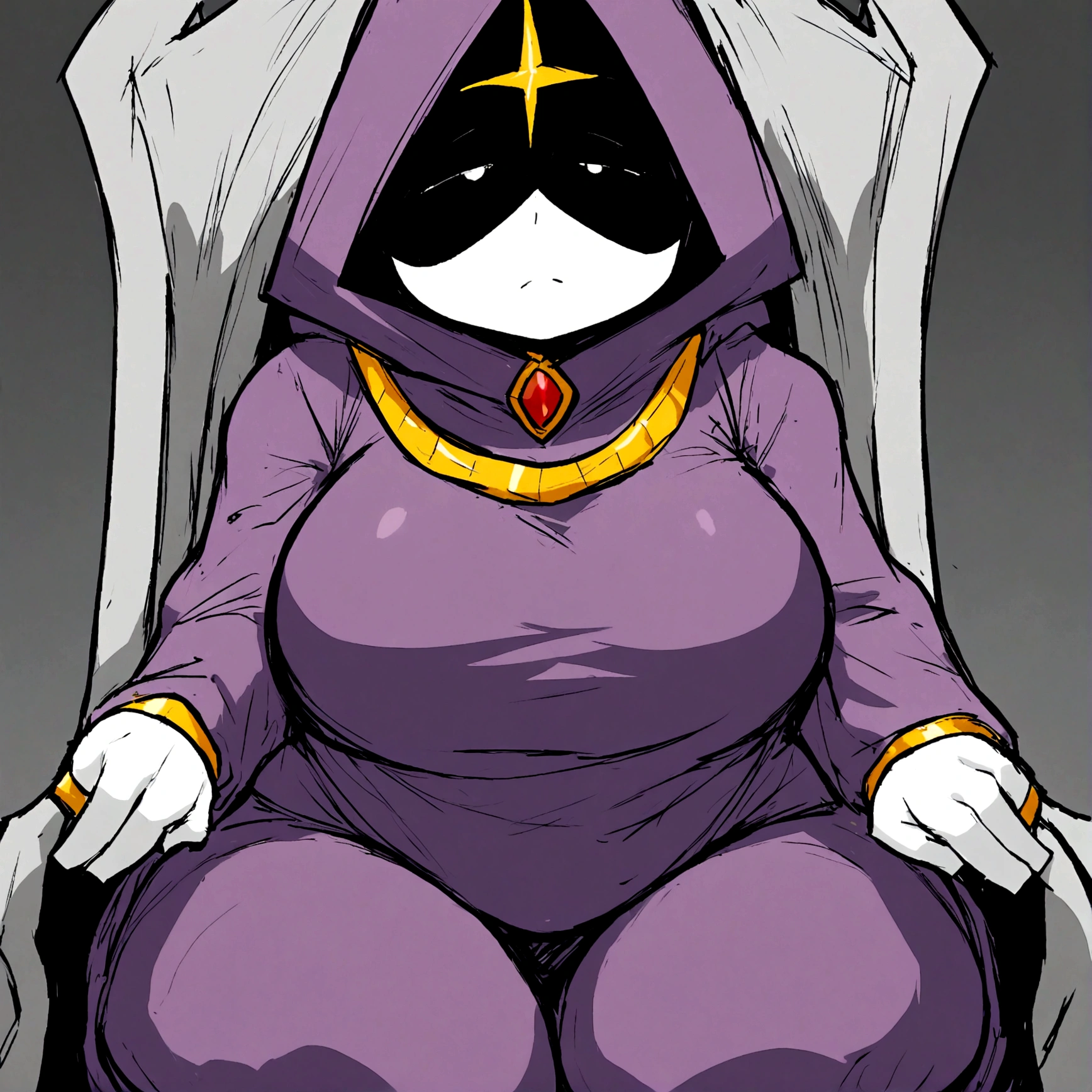 a thicc curvy shadow wizard wearing a purple robe and has nice thick thighs, female, sexy, fit, skinny, sitting on a throne