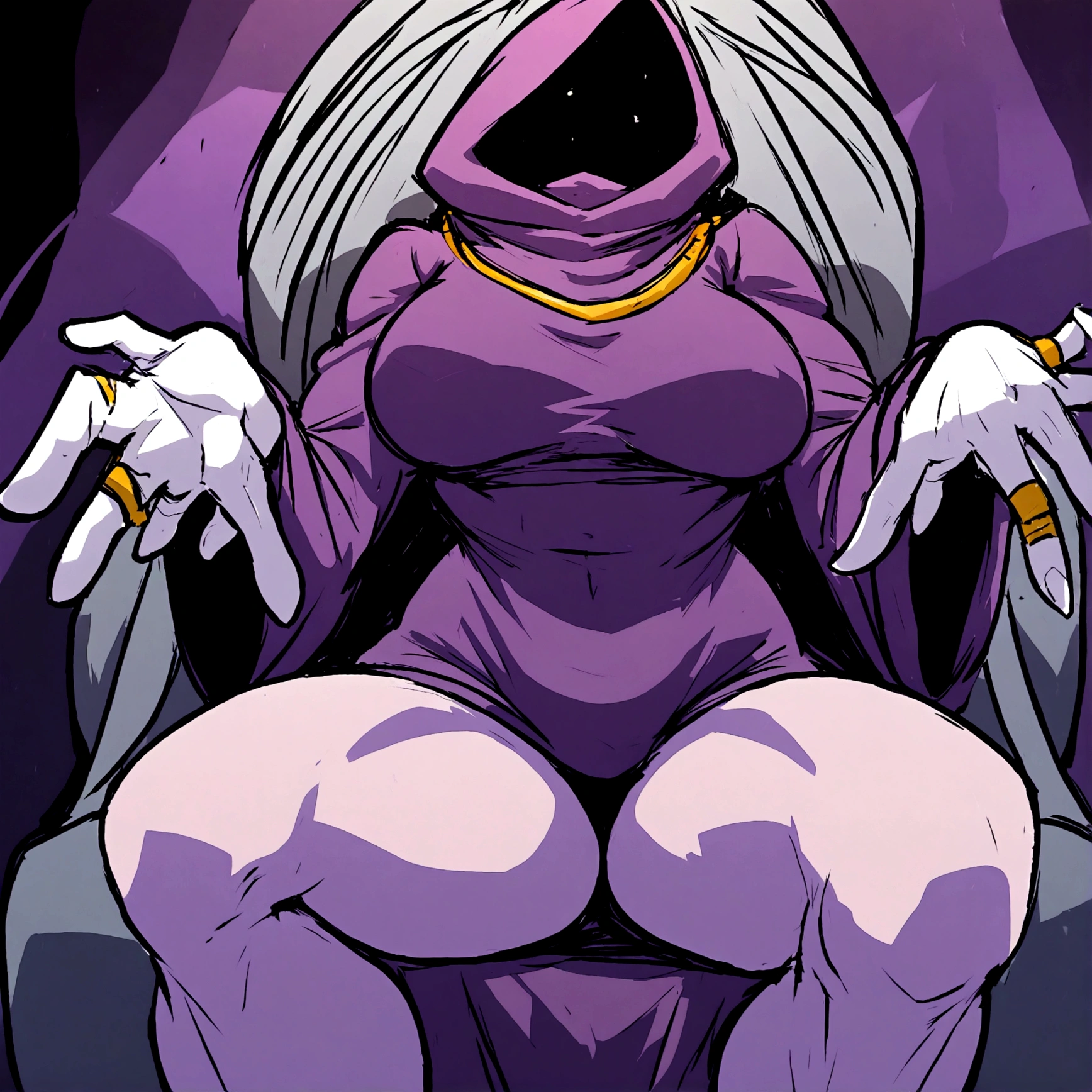 a thicc curvy shadow wizard wearing a purple robe and has nice thick thighs, female, sexy, fit, skinny, sitting on a throne