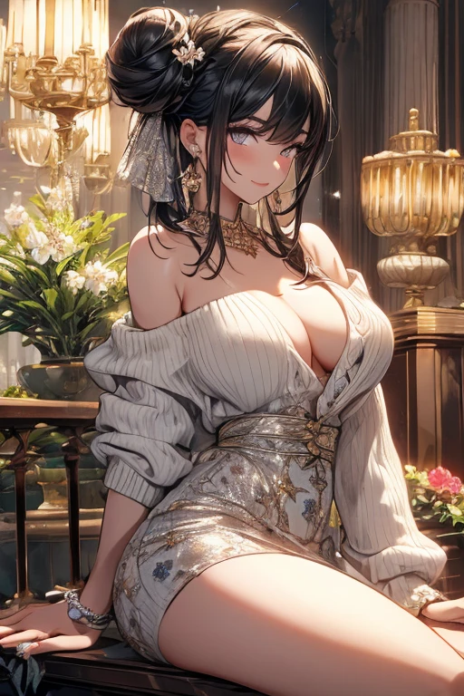 (((Masterpiece))),(((Super Detail))),(((in 8K))),(((best composition))),(((Rim lighting,Fireglow effect,deep shadow))),solo),Beautiful fingers,Detailed finger features,(Detailed hair features:1.7),(Dynamic and sexy bending pose:1.3),detailed facial features,detailed clothes features, (perky chest:1.1), (pointed chest:1.3), delicate beautiful face, Bright blue eyes, cute eyes, sparkling eyes, Big eyes, beautiful detailed eyes,double bun with glittering hair ornament:0.6,(super detailed glossy skin:1.3),slender body,goddess smile,((with sparkling eyes and a contagious smile)),beautiful posture,have a cup of coffee,black hair, red eyes, dress, bare shoulders, jewelry, collarbone, sidelocks, hairband, earrings, indoors, off shoulder, sweater, arms behind back, plant, short hair with long locks, white hairband, off-shoulder dress, sweater dress, off-shoulder sweater, red sweater, big side hair, very long side hair,(super delicate floral pattern:1.2),seductive cleavage:1.3,beautiful glossy legs,shiny red high heels,lifting dishes with cakesd,french restaurant,hustle and bustle,rising steam,(((depth of fields)))