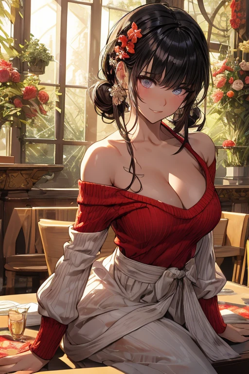(((Masterpiece))),(((Super Detail))),(((in 8K))),(((best composition))),(((Rim lighting,Fireglow effect,deep shadow))),solo),Beautiful fingers,Detailed finger features,(Detailed hair features:1.7),(Dynamic and sexy bending pose:1.3),detailed facial features,detailed clothes features, (perky chest:1.1), (pointed chest:1.3), delicate beautiful face, Bright blue eyes, cute eyes, sparkling eyes, Big eyes, beautiful detailed eyes,double bun with glittering hair ornament:0.6,(super detailed glossy skin:1.3),slender body,goddess smile,((with sparkling eyes and a contagious smile)),beautiful posture,have a cup of coffee,black hair, red eyes, dress, bare shoulders, jewelry, collarbone, sidelocks, hairband, earrings, indoors, off shoulder, sweater, arms behind back, plant, short hair with long locks, white hairband, off-shoulder dress, sweater dress, off-shoulder sweater, red sweater, big side hair, very long side hair,(super delicate floral pattern:1.2),seductive cleavage:1.3,beautiful glossy legs,shiny red high heels,lifting dishes with cakesd,french restaurant,hustle and bustle,rising steam,(((depth of fields)))