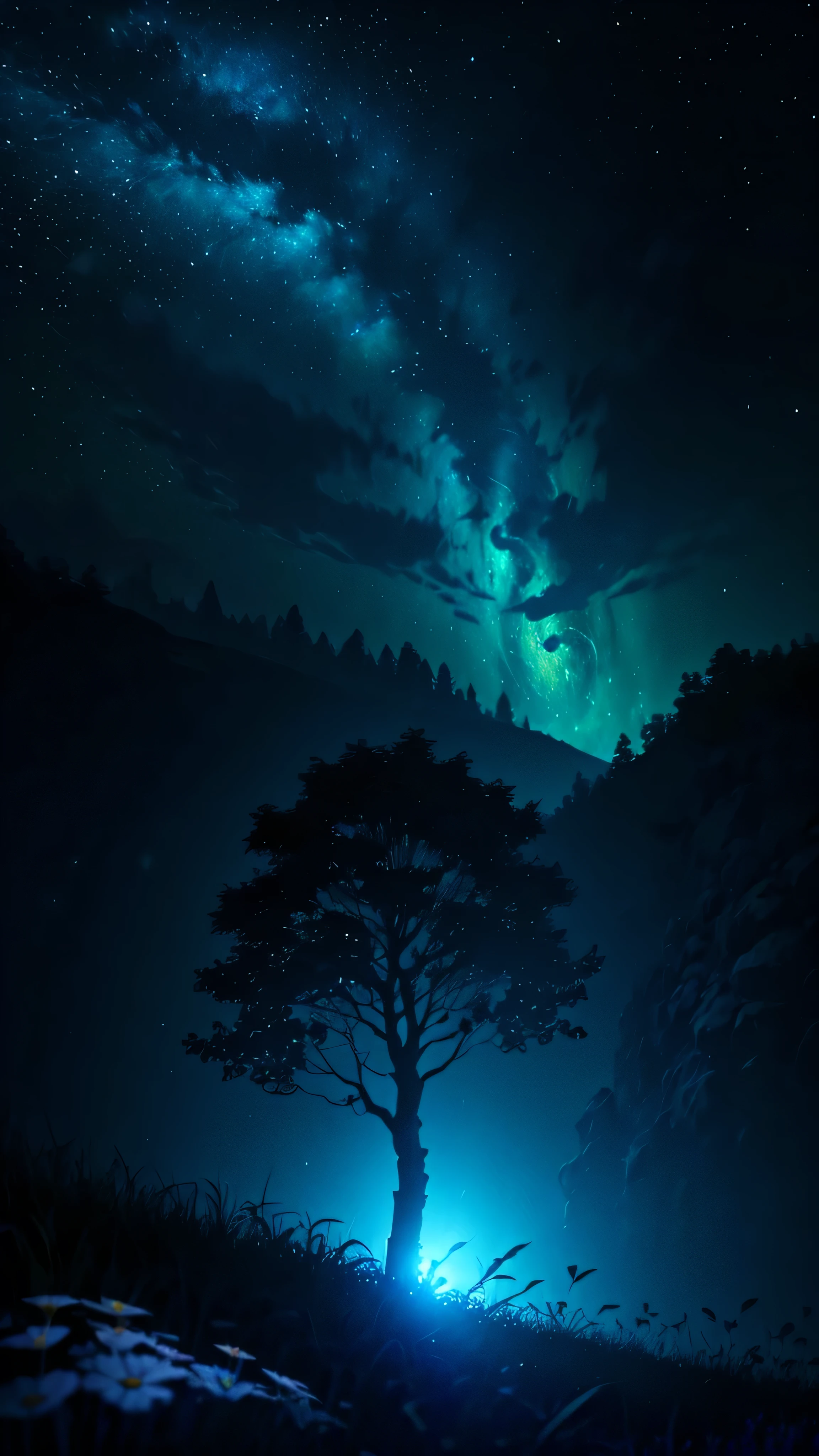 Blue Tree, With moonlight as background, White soil, Height 500 pixels Width 500 pixels