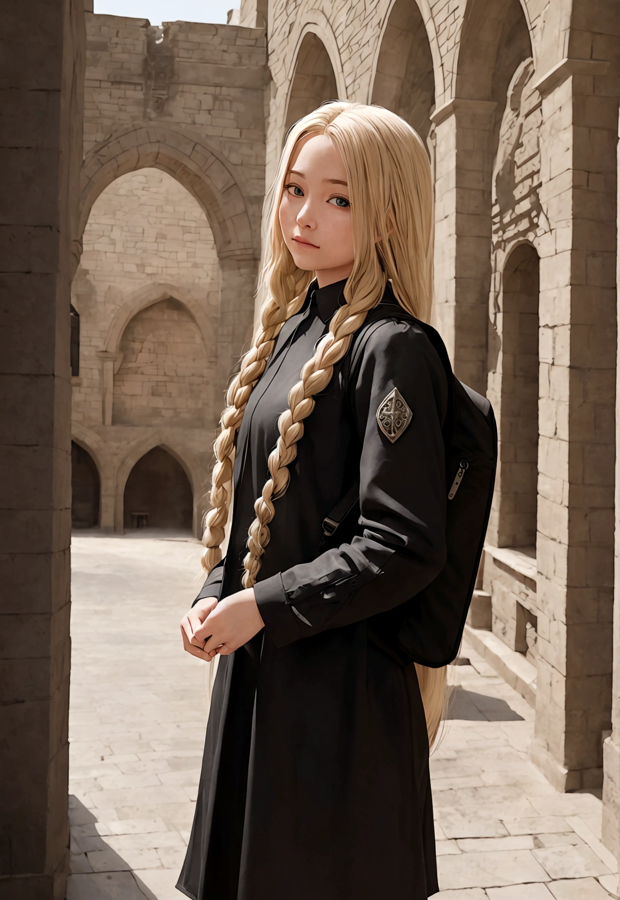 Traveler girl with long blond braids, Wearing a black medieval traveller's shirt, Carry a backpack, Standing in front of the city entrance, Ready to go on an adventure. Capturing the essence of medieval fantasy. --9 in:16 --c 5 --s 150 realistic