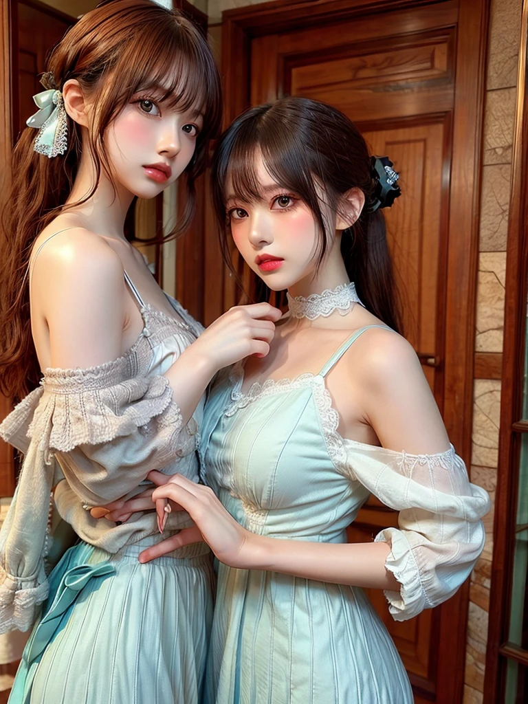 ((high quality work)), The writing is clear and concise, The green dress and the beautiful pleated lace complement each other., Enrich the overall picture, The elegant Edwardian lace dress and princess skirt add a lot of charm to the character., Gesture of turning the back of the hand , It also expresses the gentle and elegant side of women..