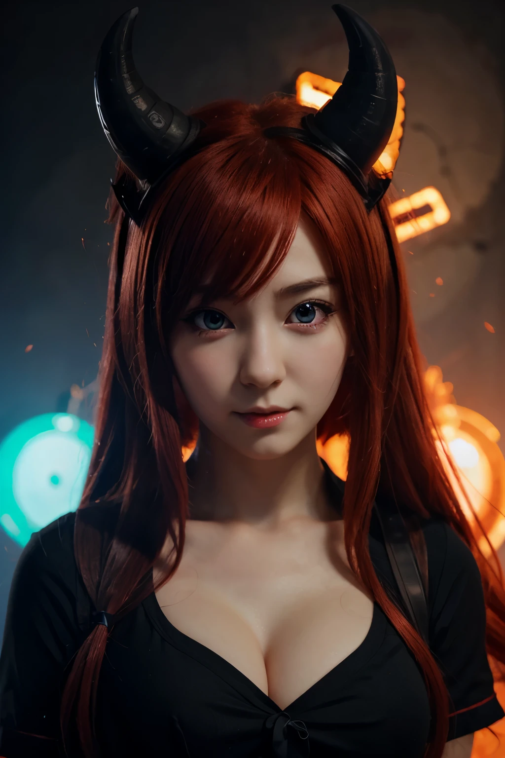 Detailed, firebackround, and cute anime demon girl with a red hair and left horn with color blue and right horn have color red