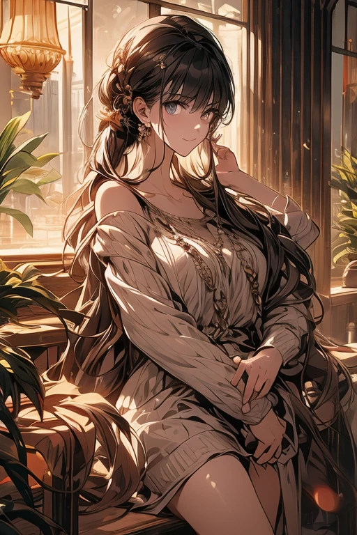 (((Masterpiece))),(((Super Detail))),(((in 8K))),(((best composition))),(((Rim lighting,Fireglow effect,deep shadow))),solo),Beautiful fingers,Detailed finger features,(Detailed hair features:1.7),(Dynamic and sexy bending pose:1.3),detailed facial features,detailed clothes features, (perky chest:1.1), (pointed chest:1.3), delicate beautiful face, Bright blue eyes, cute eyes, sparkling eyes, Big eyes, beautiful detailed eyes,double bun with glittering hair ornament:0.6,(super detailed glossy skin:1.3),slender body,goddess smile,((with sparkling eyes and a contagious smile)),beautiful posture,have a cup of coffee,black hair, red eyes, dress, bare shoulders, jewelry, collarbone, sidelocks, hairband, earrings, indoors, off shoulder, sweater, arms behind back, plant, short hair with long locks, white hairband, off-shoulder dress, sweater dress, off-shoulder sweater, red sweater, big side hair, very long side hair,(super delicate floral pattern:1.2),seductive cleavage:1.3,beautiful glossy legs,shiny red high heels,lifting dishes with cakesd,french restaurant,hustle and bustle,rising steam,(((depth of fields)))
