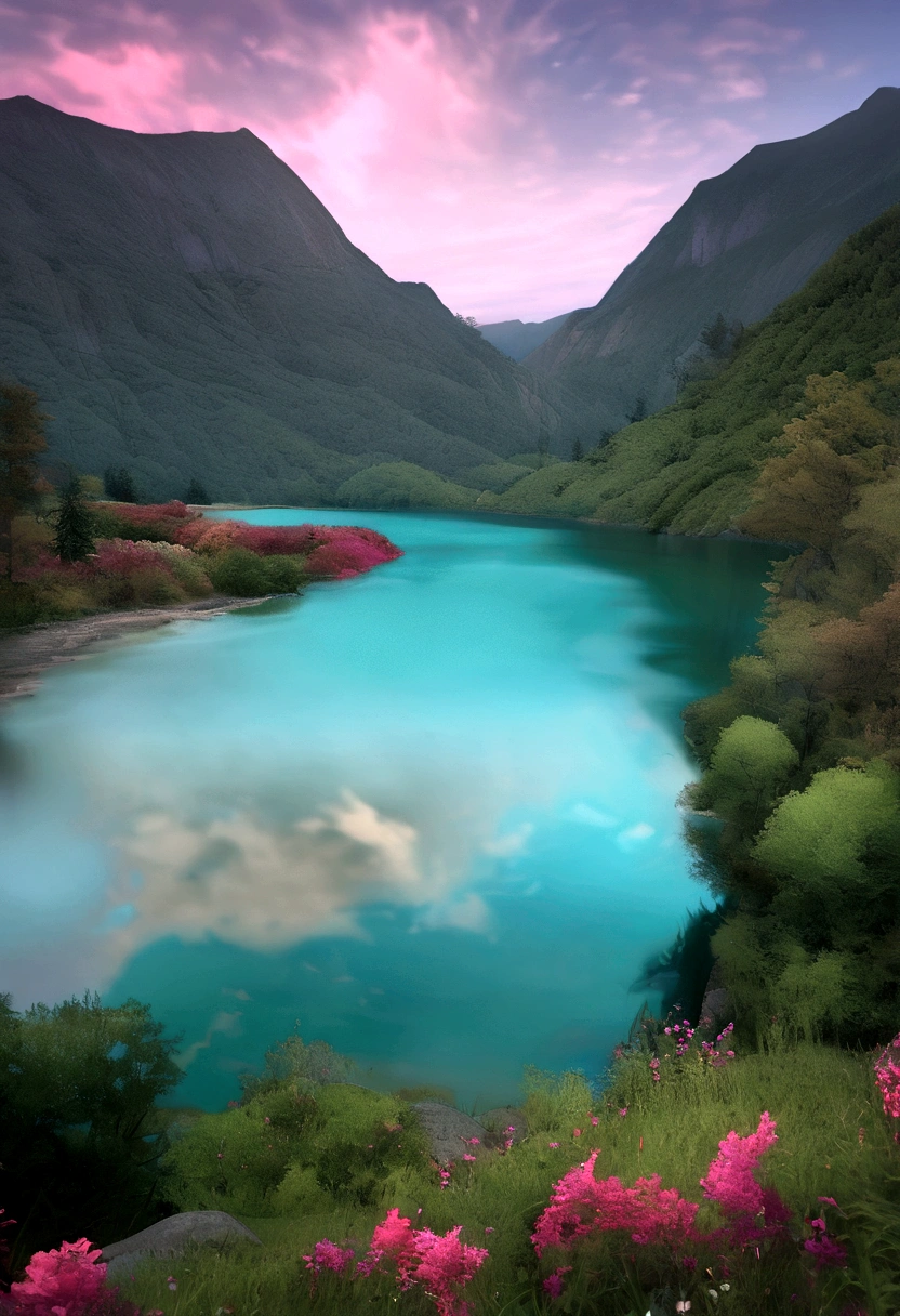 Alfa view of the lake with mountains in the background, in a Serene landscape, Magical colors and atmosphere, Dreamy landscape, Mysterious lake, Gentle colors, Serene landscape, Magical Landscapes, beautiful Dreamy landscape, beautiful Serene landscape, Pink, blue and green mist, Lake between mountains, Mysterious lake view vista, Surreal colors, Fantastic landscape, Magical colors and atmosphere