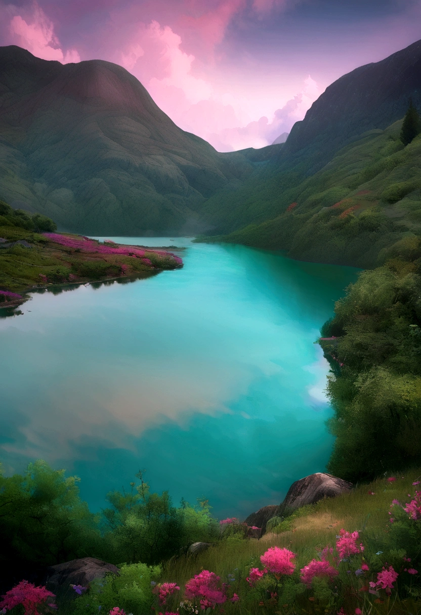 Alfa view of the lake with mountains in the background, in a Serene landscape, Magical colors and atmosphere, Dreamy landscape, Mysterious lake, Gentle colors, Serene landscape, Magical Landscapes, beautiful Dreamy landscape, beautiful Serene landscape, Pink, blue and green mist, Lake between mountains, Mysterious lake view vista, Surreal colors, Fantastic landscape, Magical colors and atmosphere