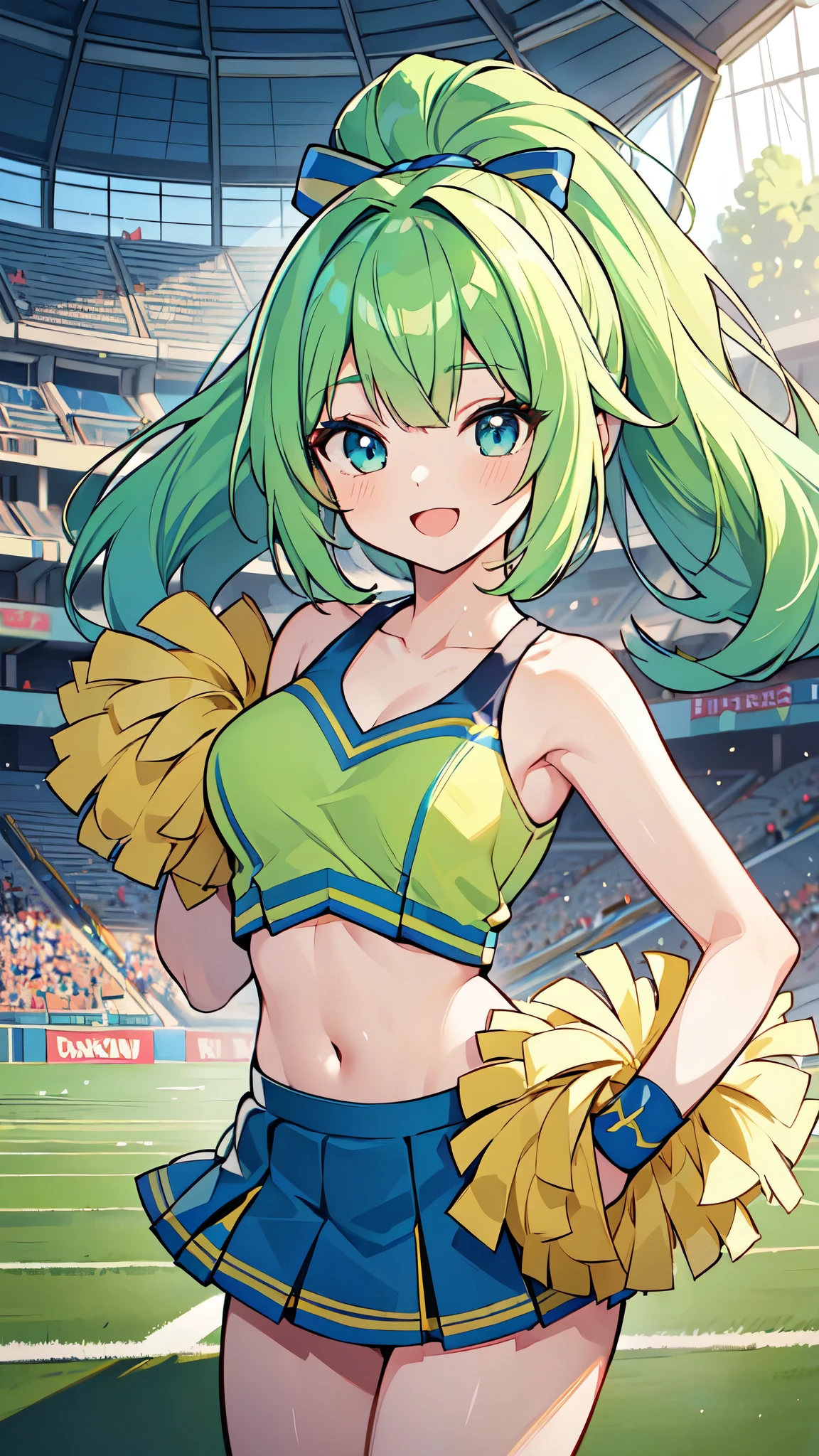 ((A Pretty cheerleader with green hair and blue eyes)), Baby face, ((master piece, top-quality, ultra-definition, high resolution)), anime girl, ((ultra-detailed illust:1.2)), only one person, bangs, hair between eye, beautiful hair, Shiny eyes, Medium breasts, Big smile, opened mouth, enjoying, in the stadium