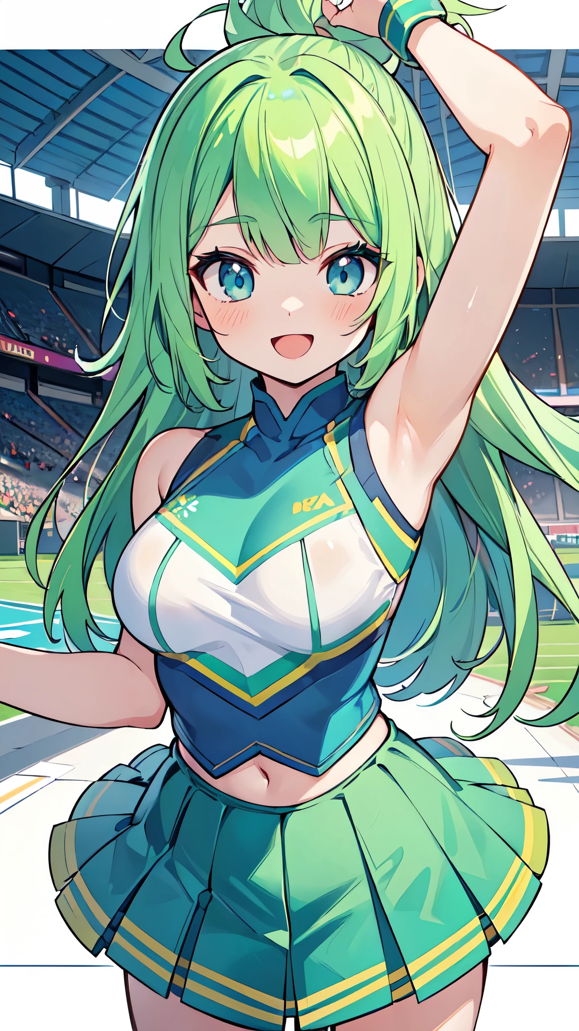 ((A Pretty cheerleader with green hair and blue eyes)), , ((master piece, top-quality, ultra-definition, high resolution)), anime girl, ((ultra-detailed illust:1.2)), only one person, bangs, hair between eye, beautiful hair, Shiny eyes, Medium breasts, Big smile, opened mouth, enjoying, in the stadium