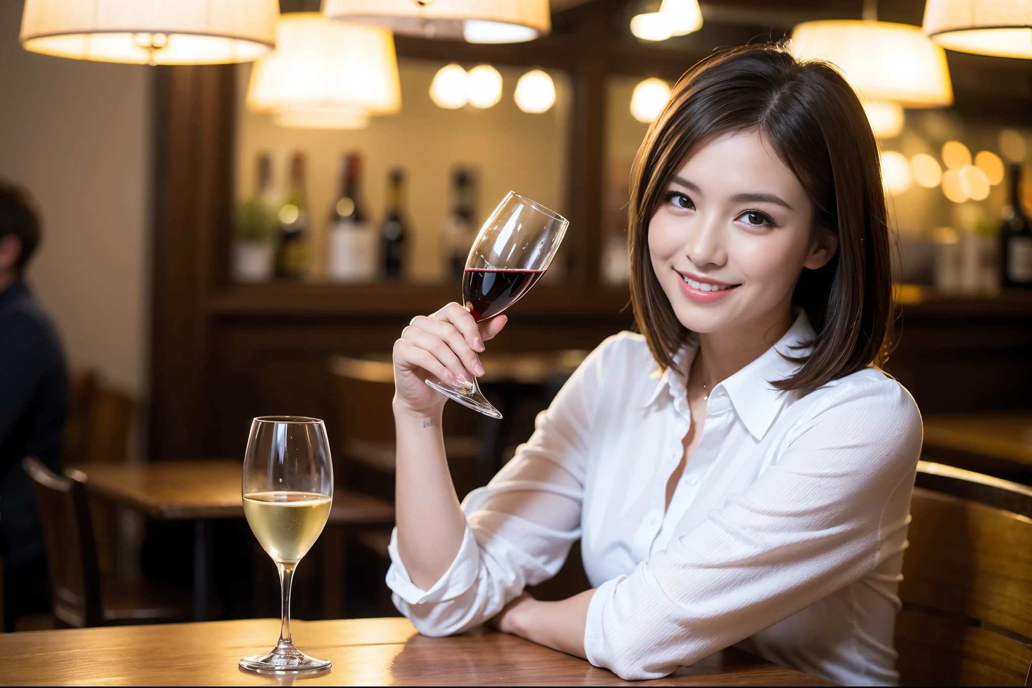 ((highest quality、8k、masterpiece:1.3))、1 male、1 female、Couple、spouse、Couple、The body is slim、((Bob Hale、Straight hair:1.2)), (Realistic, Intricate details:1.2), テーブルの上のwine glass、Put the light on your face、 Amazing view of the sunset sky and clouds、Amazing mountain views、A bright smile、The wonderfulness of smile、Bright image、The beauty of wine, Beautiful Face, blue eyes, The light shines on your face, Blushing, short hair,Bright Face、 (Age 37), 39 years old, red wine 、Appetizers、Italian food、Wine bottle、Champagne、sparkling wine、Two beauties、Brown Hair、Shortcuts、Long sleeve shirt、dress、Pretty Woman 1, (slimな顔), (The body is slim), (Brown Hair), (Shortcuts), cheeks turn a little red,Attractive beauty、restaurant, In a prominent place (From the waist up) Nova Frog Style, actress, model, Upper Body, White wine, slim, wine glass, 中央に置かれたwine glass, smile, (smile: 1.15), Beautiful fine grain, Depth f/2,saturation, High Contrast, Strong light and shadow,Moist Body:1.5、3D texture、Delicate eyes、Brown Hair、The hair is very shiny、
