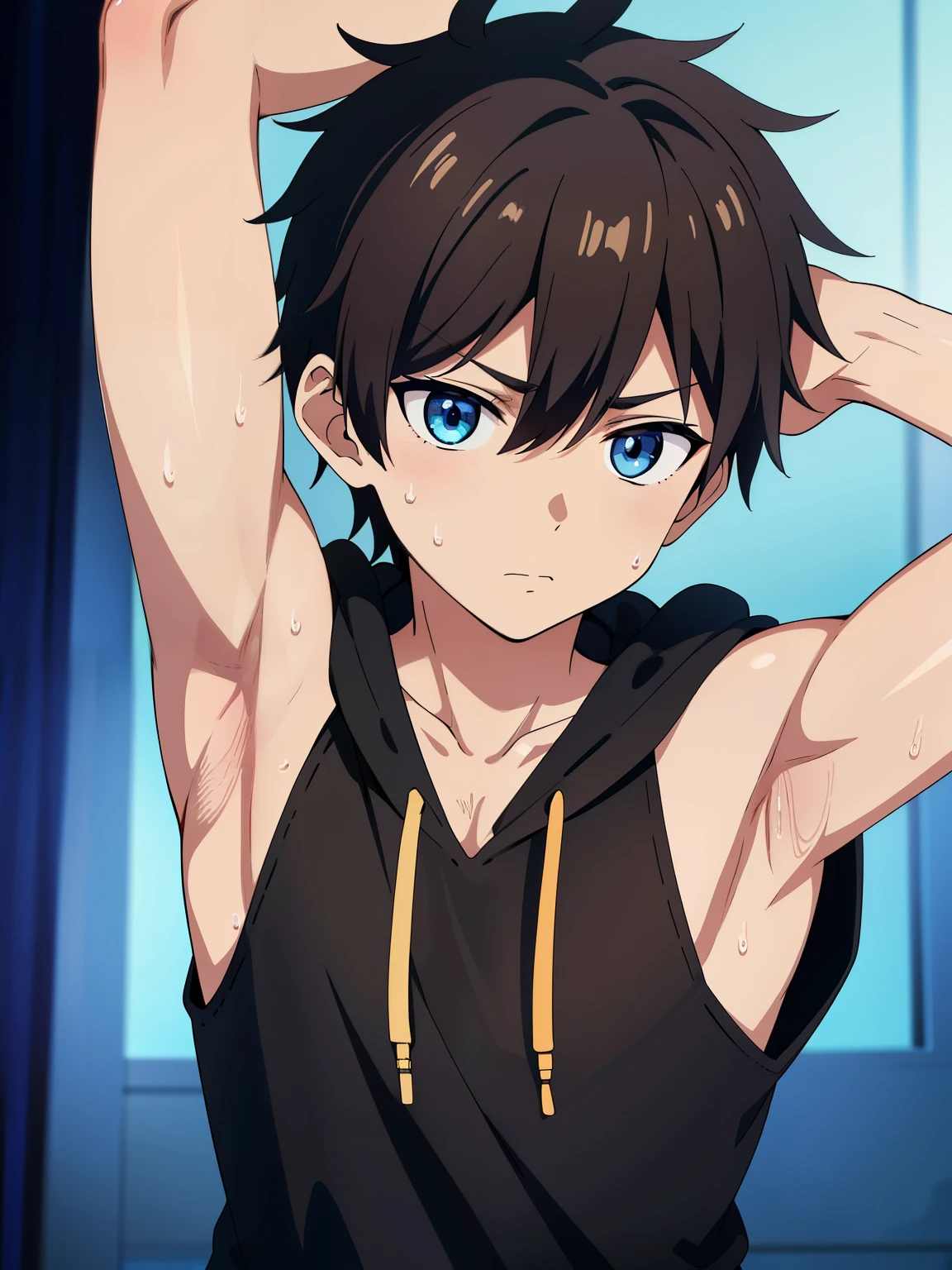 (high-quality, breathtaking),(expressive eyes, perfect face) Highres, Masterpiece, Best quality at best,Best Quality,hight quality, hight detailed, Anime style, 1boy, Shota, Black hoodie, Sleeveless hoodie, Seen from the below, look at viewer, (very young boy), (very small and short body), -yeld bo (Showing armpit:1.3), hansome boy, Sweat