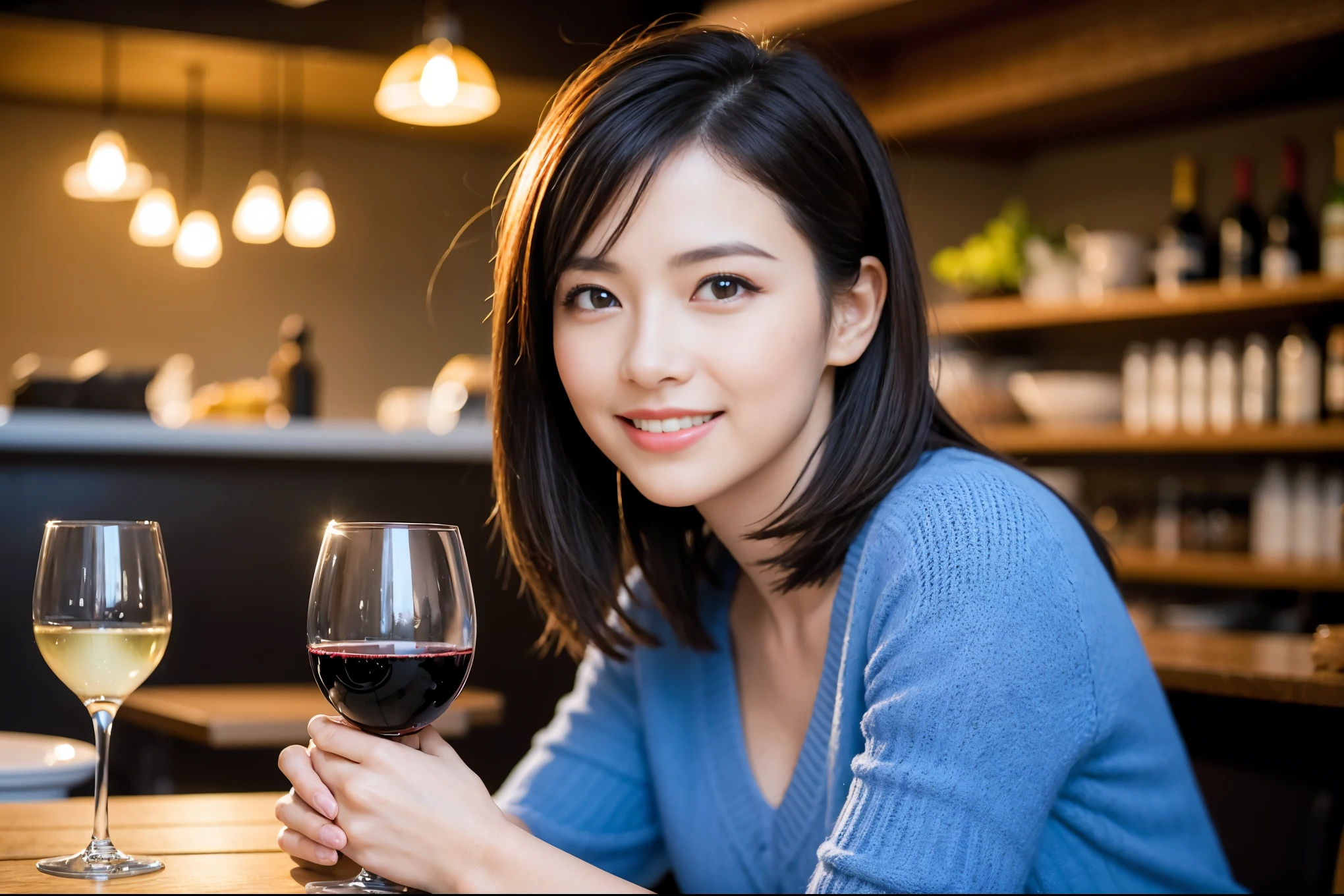 ((highest quality、8k、masterpiece:1.3))、1 male、1 female、Couple、spouse、Couple、The body is slim、((Bob Hale、Straight hair:1.2)), (Realistic, Intricate details:1.2), テーブルの上のwine glass、Put the light on your face、 Amazing view of the sunset sky and clouds、Amazing mountain views、A bright smile、The wonderfulness of smile、Bright image、The beauty of wine, Beautiful Face, blue eyes, The light shines on your face, Blushing, short hair,Bright Face、 (Age 37), 39 years old, red wine 、Appetizers、Italian food、Wine bottle、Champagne、sparkling wine、Two beauties、Brown Hair、Shortcuts、Long sleeve shirt、dress、Pretty Woman 1, (slimな顔), (The body is slim), (Brown Hair), (Shortcuts), cheeks turn a little red,Attractive beauty、restaurant, In a prominent place (From the waist up) Nova Frog Style, actress, model, Upper Body, White wine, slim, wine glass, 中央に置かれたwine glass, smile, (smile: 1.15), Beautiful fine grain, Depth f/2,saturation, High Contrast, Strong light and shadow,Moist Body:1.5、3D texture、Delicate eyes、Brown Hair、The hair is very shiny、