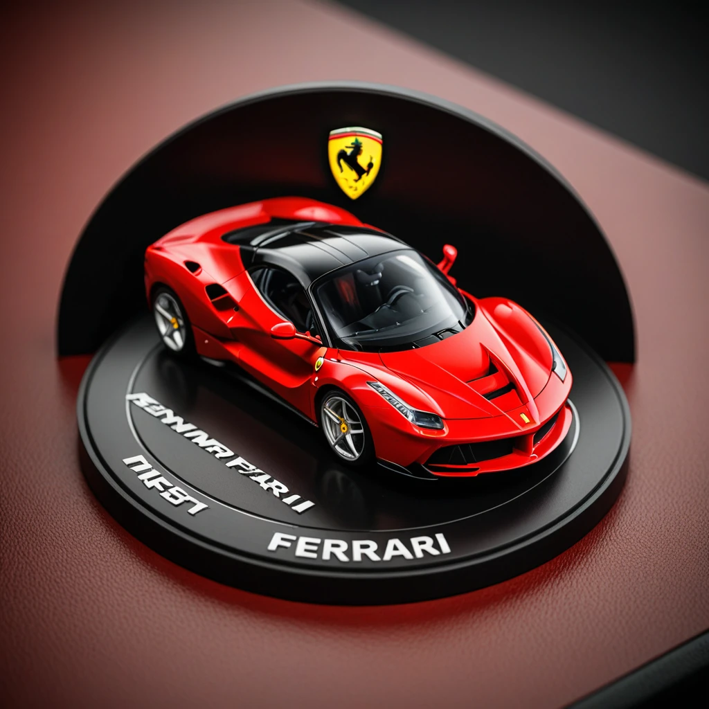 Logotipo redonda usando cores vermelhas e preta como o nome da marca: MANO DAS MINIATURAS usando um carro 3D la Ferrari vermelha com detalhes pretos 
