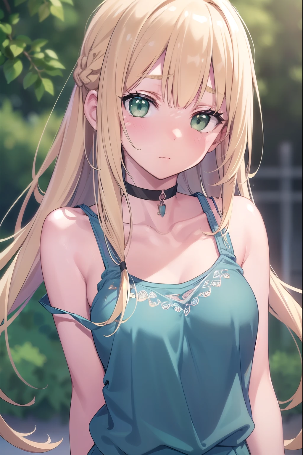 Blonde Hair, choker, (Green Eyes:1.5), Long Hair, Braided Hair, break bare shoulders, bra under tank top, bra, tank top, blush, blush stickers, clavicle, Have, Off the shoulder, (Blue clothes:1.5), break looking at viewer, break outdoors, city, break (masterpiece:1.2), highest quality, High resolution, Unity 8k, (figure:0.8), (Beautiful fine details:1.6), Highly detailed face, Perfect lighting, Highly detailed CG, (Perfect hands, Perfect Anatomy),(Blush all over face, Embarrassing)