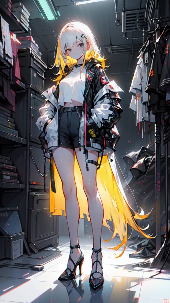 1 girl, long Yellow hair , cyberpunk, blue eyes, high heels, hand in pocket, best quality, 4k, 8k, highres, masterpiece:1.2, ultra-detailed, realistic, photorealistic, photo-realistic:1.37, HDR, UHD, studio lighting, ultra-fine painting, sharp focus, physically-based rendering, extreme detail description, professional, vivid colors, bokeh, cyberpunk, science fiction, neon lights, dark atmosphere, dramatic lighting