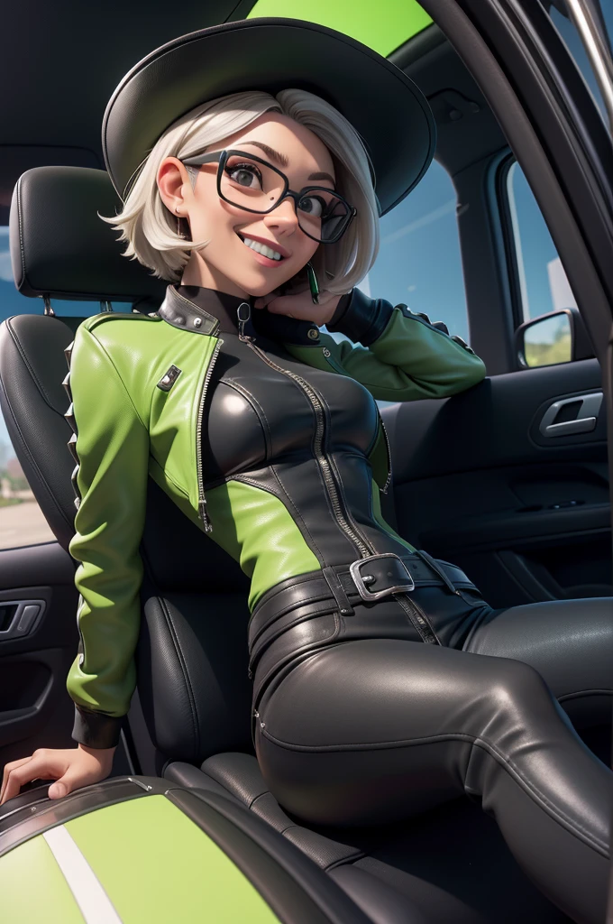 obra prima, melhor qualidade, (kat timpf 70yo) head back, big side smile, open mouth, short silver emo hair, black plastic glasses, leather biker jacket, leather chaps with fringe, leather cowboy hat, nipples, (shiny lime green leather,) studs zippers snaps, shiny leather gloves, body is skinny, reclining in car seat, arched back, hips twisted, stick shift, overhead camera view, looking down at me, shallow depth of field, highres, HD, 8k, anatomically correct