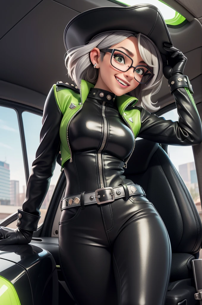 obra prima, melhor qualidade, (kat timpf 70yo) head back, big side smile, open mouth, short silver emo hair, black plastic glasses, leather biker jacket, leather chaps with fringe, leather cowboy hat, nipples, (shiny lime green leather,) studs zippers snaps, shiny leather gloves, body is skinny, reclining in car seat, arched back, hips twisted, stick shift, overhead camera view, looking down at me, shallow depth of field, highres, HD, 8k, anatomically correct