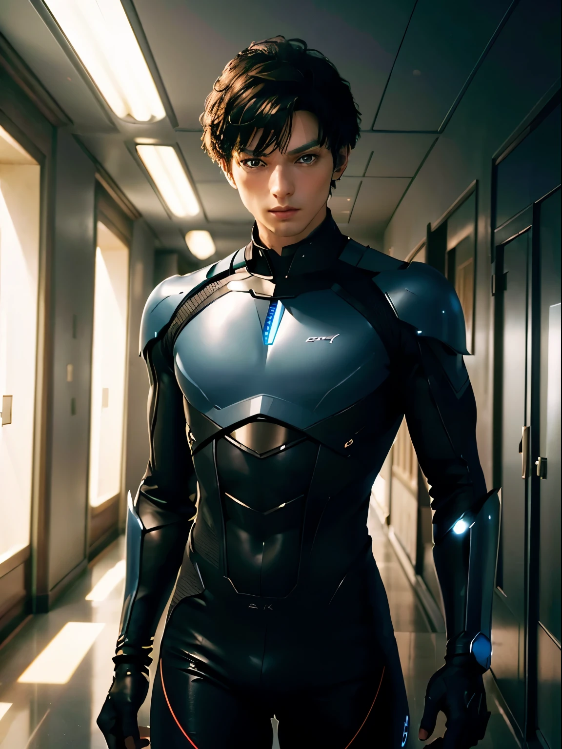 (extremely detailed CG unity 8k wallpaper,masterpiece),(best illumination, best shadow, an extremely delicate and beautiful),(1boy),blue eyes, dark hair,red and black sci-fi bodysuit,neck seal,high-tech sci-fi hallway, dynamic pose, detailed machinery, sleek design.