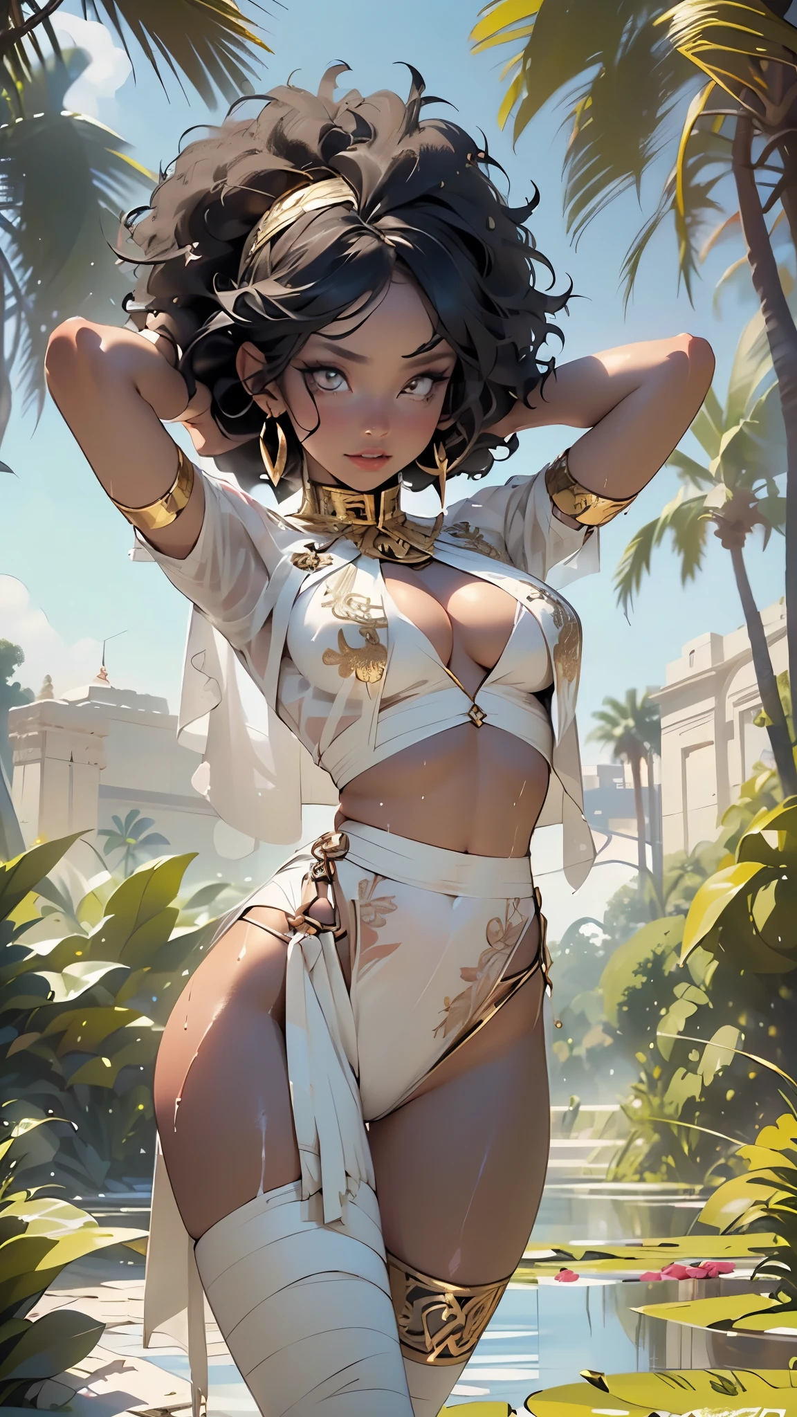 girl from ancient Egypt,1girl,
(large breasts:1.4),saggy breasts,((((straight hair, hair long,black hair:1.5,colored inner hair)))),(((yellow_eyes:1.3))),intricate eyes,beautiful detailed eyes,symmetrical eyes,big eyes:1.2,((((lustrous skin:1.5,tanned skin,bright skin: 1.5,skin tanned,shiny skin,very shiny skin,shiny body)))),(spider lower abdomen,narrow waist,wide hip,athletic body,inflated legs,thick thighs),(((detailed face))),beautiful detailed lips,
cute,slutty,sensual,seductive,((erotic)),opulent,sumptuous,((nsfw)),
zettai ryouiki,revealing clothing,show skin,((silky golden skin)), fleshy lips, (((Egyptian headscarf:1.5))),jewelry and bracelets, with a gold and white plunging Egyptian garb,black canvas,(((barefoot))),egyptian outfit,((eyeshadow, egyptian makeup,eyelid makeup)),((((ceremonial gold paint all over the body)))),(((Transparent cloth:1.1,wet clothes,intricate outfit,embroidered outfit,ornate outfit,embroidered clothes,ornate clothes))),
dynamic and seductive pose,looking at viewer,embarrassed,centered,scale to fit dimensions,Rule of thirds,
outdoors,(egyptian palace,egyptian palace background,pyramids in the background),scenery,(oasis,oasis background),extremely scenery,(puddles everywhere,moss,moss on the background),clouds,Egypt style,Egypt castle,lily pads,palms,reeds,(sunset, golden hour),
(Glossy Egyptian ornaments),highres,sharp focus,(ultra detailed,extremely detailed),(photorealistic artwork:1.37),(extremely detailed CG unity 8k wallpaper),(((vibrant colors,vibrant theme))),(intricate),(masterpiece),(best quality),artistic photography,(photography taken by sldr),(intricate background),perfect rendered face,perfect face details,realistic face,photo realistic,((intricate detail)),(((realism))),