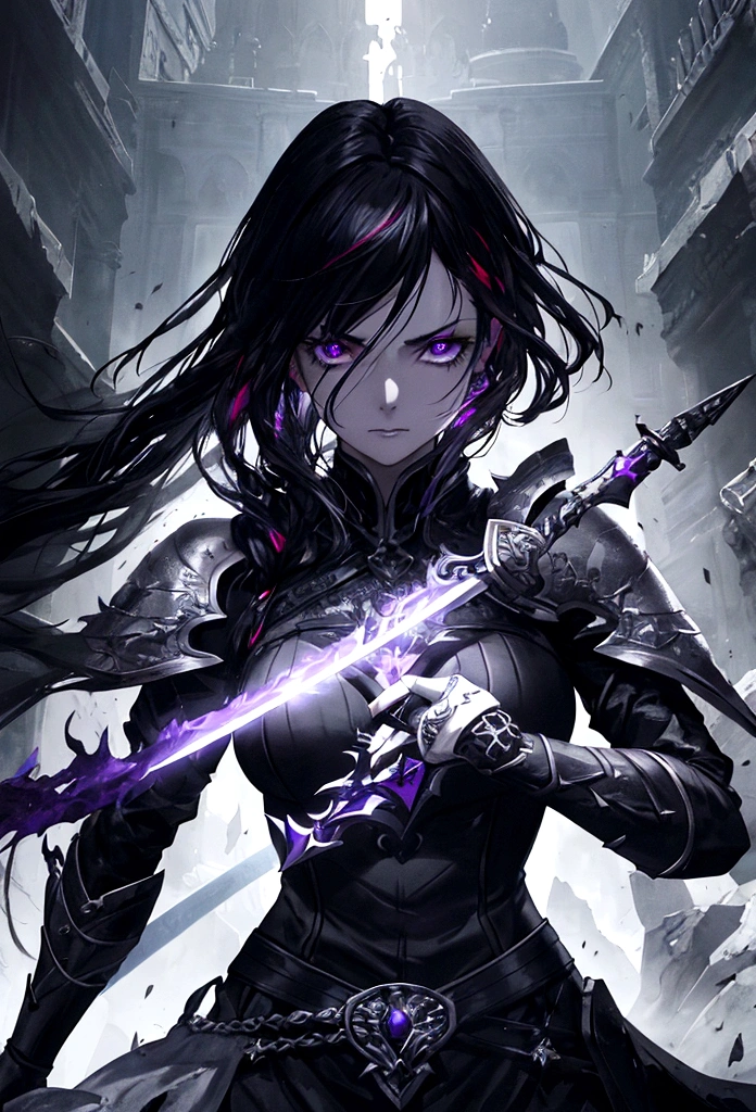 a woman with black hair and white streaks, sad expression, holding a large purple sword, detailed eyes, detailed sword, cinematic lighting, dark fantasy, dramatic, dramatic lighting, moody, realistic, digital painting, high detail, 8k, photorealistic