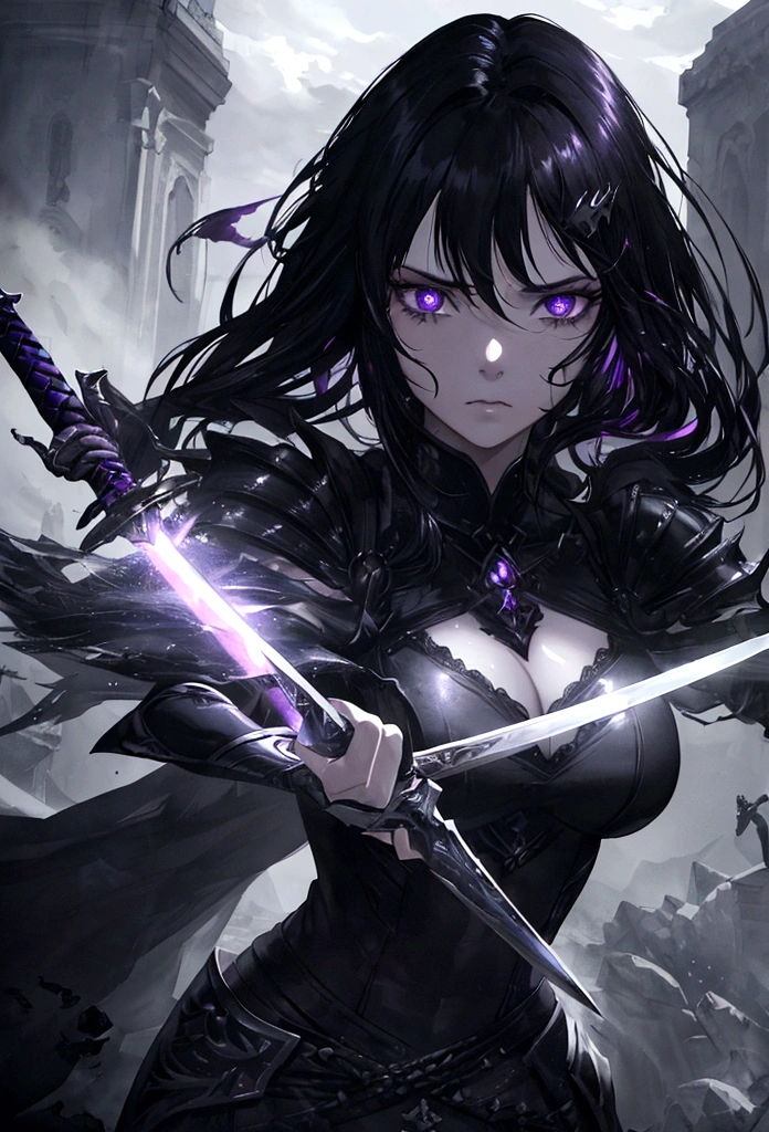 a woman with black hair and white streaks, sad expression, holding a large purple sword, detailed eyes, detailed sword, cinematic lighting, dark fantasy, dramatic, dramatic lighting, moody, realistic, digital painting, high detail, 8k, photorealistic