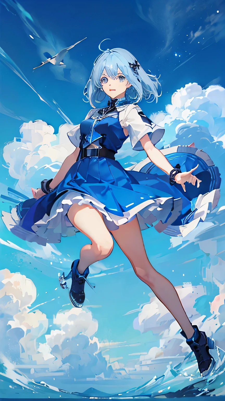 Chibi-style anime illustration of a girl with a 3:1 head-to-body ratio. The character has short, ice blue hair with bangs, blue eyes, and wears a futuristic uniform in white and blue with black accents. She is adorned with a glowing bracelet and a glowing hairpin. The background is white, suitable for easy removal. This full-body illustration captures the vibrant colors typically seen in Copic marker artworks, and the image should be in a wide format.