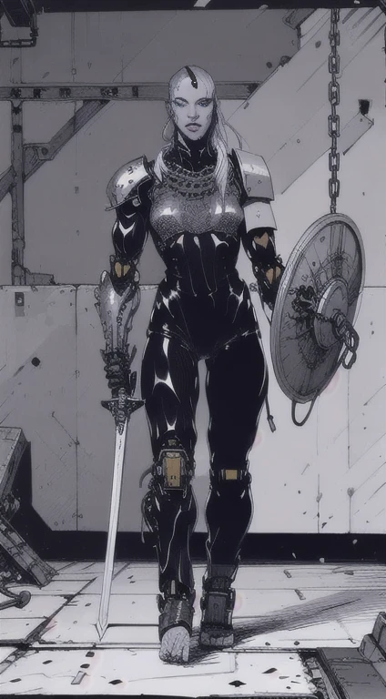 1man, giant brutish man, perfect proportions, anatomically correct, (head to toe: 2.0), (full body image: 2.0), solo, extremely stylized, masterpiece, highly detailed, detailed eyes, expressive detailed eyes, detailed pupils, futuristic, ((wearing medieval armor )), ((holding a sword and shield)), (cybernetic arms:1.4), big boots, entire body image, full body shot, large beads, (large tassels), inkpunk, paint platter, ink splatter, (action pose:1.0), ((chainmail shirt)), old warrior, long beard, ((armor shoulders))
