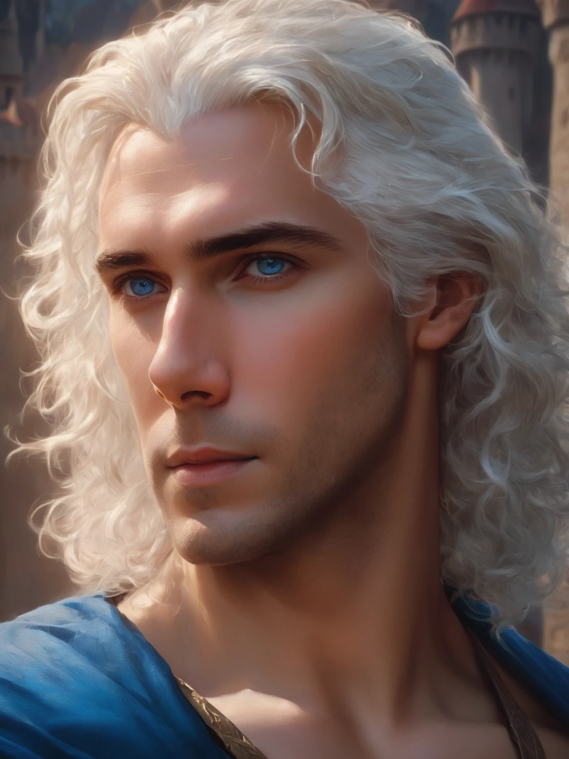 ((best quality),(masterpiece),(detailed),perfect face,a man with wavy white hair and blue eyes, castle behind,beautiful,(cinematic),(dramatic lighting),(digital painting),(sharp focus),(photorealistic),(ultra-realistic),(hyper detailed),(epic),(fantasy),(cinematic composition),(heroic pose),(dramatic), (perfect eyes)