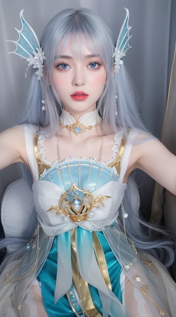 Super detailed, Delicate face, Realistic style, Stock Photography , rich and colorful, Surrealism, Realistic textures, Dramatic Lighting, Thin Film Distiller 800 (8K, original photo, Better quality, masterpiece: 1.2), Super detailed, (Extremely delicate skin: 1.2), 8K Ultra HD, SLR camera, Soft Light, high quality,Snow Queen,ice castle,Blue pupils,Apply red lipstick,Ultra-clear portrait,Wearing necklace jewelry,apply lipstick,Wear heavy makeup,The facial texture is very clear,Deep blue eyes(Sapphire-like pupils),A crown of luxury,Diamond necklace,Lace Print,Beautiful goddess,Gorgeous and exquisite gold jewelry,Yan Lingji,Mermaid Princess
