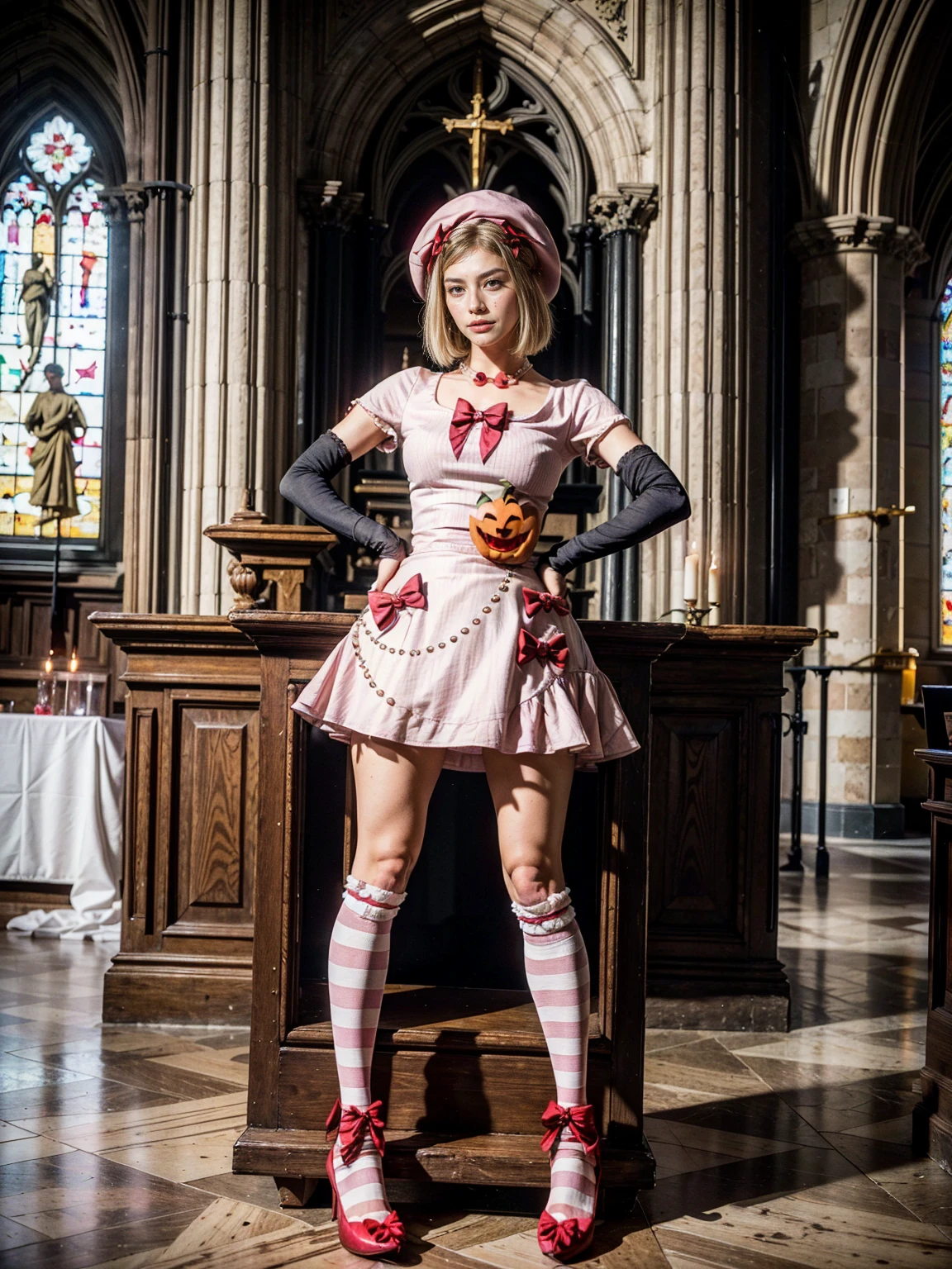 (1 lady), The beautiful, (Best quality at best:1.4), (ultra - detailed), (extremely detailed CG unified 16k), gold blonde hair, very detailed, High-definition RAW color photo, professional photoshooting, amazing face and eyes, cosmetics, (amazingly beautiful girl), ((lambdadelta, tall woman, taller)), ((dress, shoes bow, red shoes, striped stockings, red bow, pink hat, necklace, gloves, pearl, pumpkin brooch, pink dress)), standing, sexyposture,(Dark and stylish cathedral, stained glass, altar, before the altar, candle lights, candle lights:1.3), (look from down), realistic cinematic face, head to feet long wide zoomed out view, full body long view, photorealistic, ((realistic natural blonde hair style, honey eyes)), gorgeous, extremely beautiful face, perfect model beauty, pout mouth, flirting smile, cleavages, city girl, western, shopping in the city, (masterpiece), best quality, high resolution, extremely detailed, blurred background, depth of field, cinematic lighting, (amazing legs, strong legs, athletic legs), high heels, clear and well-cared skin