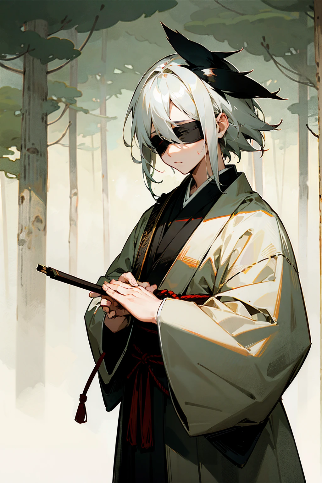 1male, white hair, black hair, half color hair, black eyes, blindfold, haori, forest background, detailed background, hands to side, standing on path
