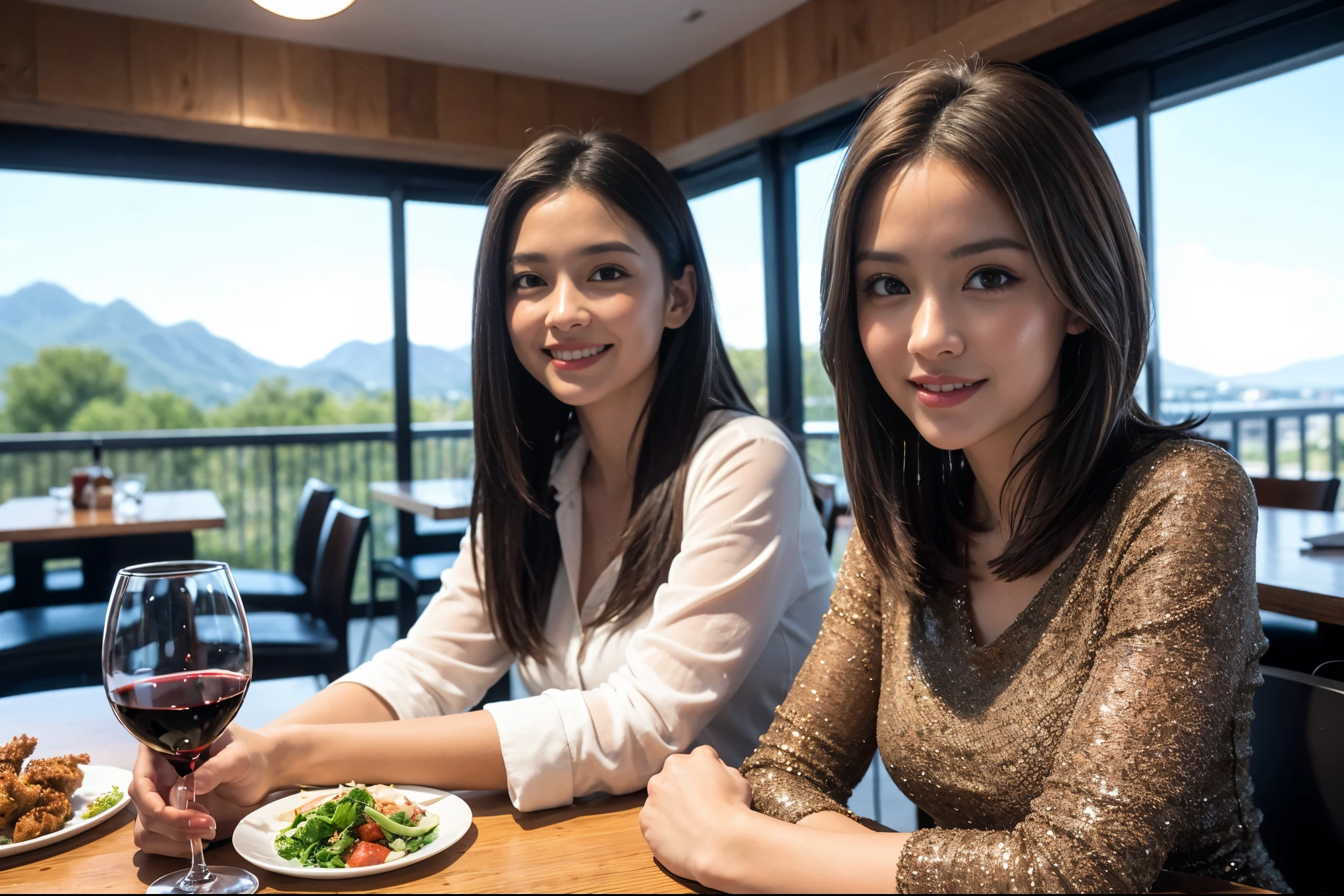 ((highest quality、8k、masterpiece:1.3))、1 male、1 female、Couple、spouse、Couple、The body is slim、((Bob Hale、Straight hair:1.2)), (Realistic, Intricate details:1.2), テーブルの上のwine glass、Shine light on your face、 Amazing view of the sunset sky and clouds、Amazing mountain views、A bright smile、The wonderfulness of smile、Bright image、The beauty of wine, Beautiful Face, blue eyes, The light shines on your face, Blushing, short hair,Bright Face、 (Age 37), 39 years old, red wine 、Appetizers、Italian food、Wine bottle、Champagne、sparkling wine、Two beauties、Brown Hair、Shortcuts、Long sleeve shirt、dress、Pretty Woman 1, (slimな顔), (The body is slim), (Brown Hair), (Shortcuts), cheeks turn a little red,Attractive beauty、restaurant, In a prominent place (From the waist up) Nova Frog Style, actress, model, Upper Body, White wine, slim, wine glass, 中央に置かれたwine glass, smile, (smile: 1.15), Beautiful fine grain, Depth f/2,saturation, High Contrast, Strong light and shadow,Moist Body:1.5、3D texture、Delicate eyes、Brown Hair、The hair is very shiny、